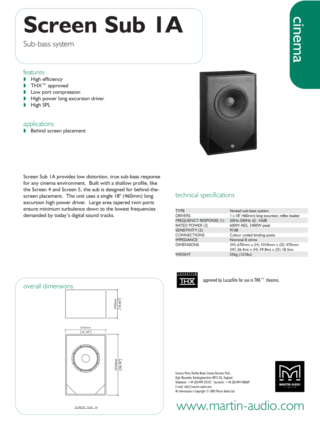 Martin Audio Screen Sub 1A technical specifications Sub-bass system, Features, Applications, Overall dimensions 