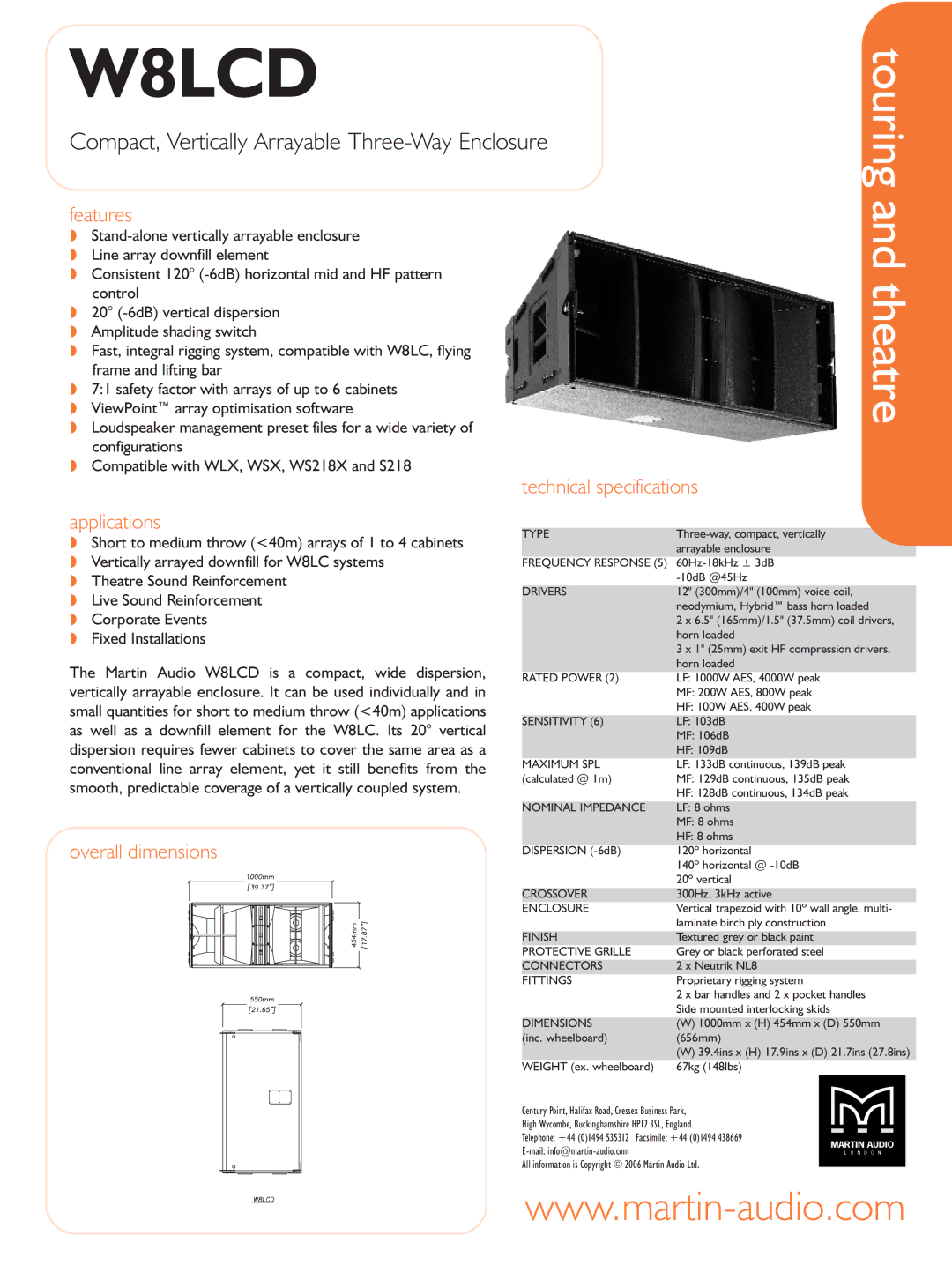 Martin Audio W8LCD technical specifications Features, Applications, Overall dimensions 