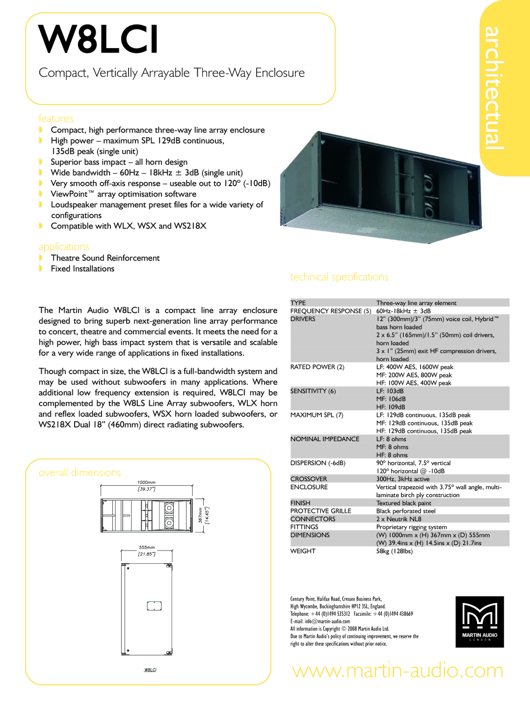 Martin Audio W8LCI technical specifications Features, Applications, Overall dimensions Technical specifications 