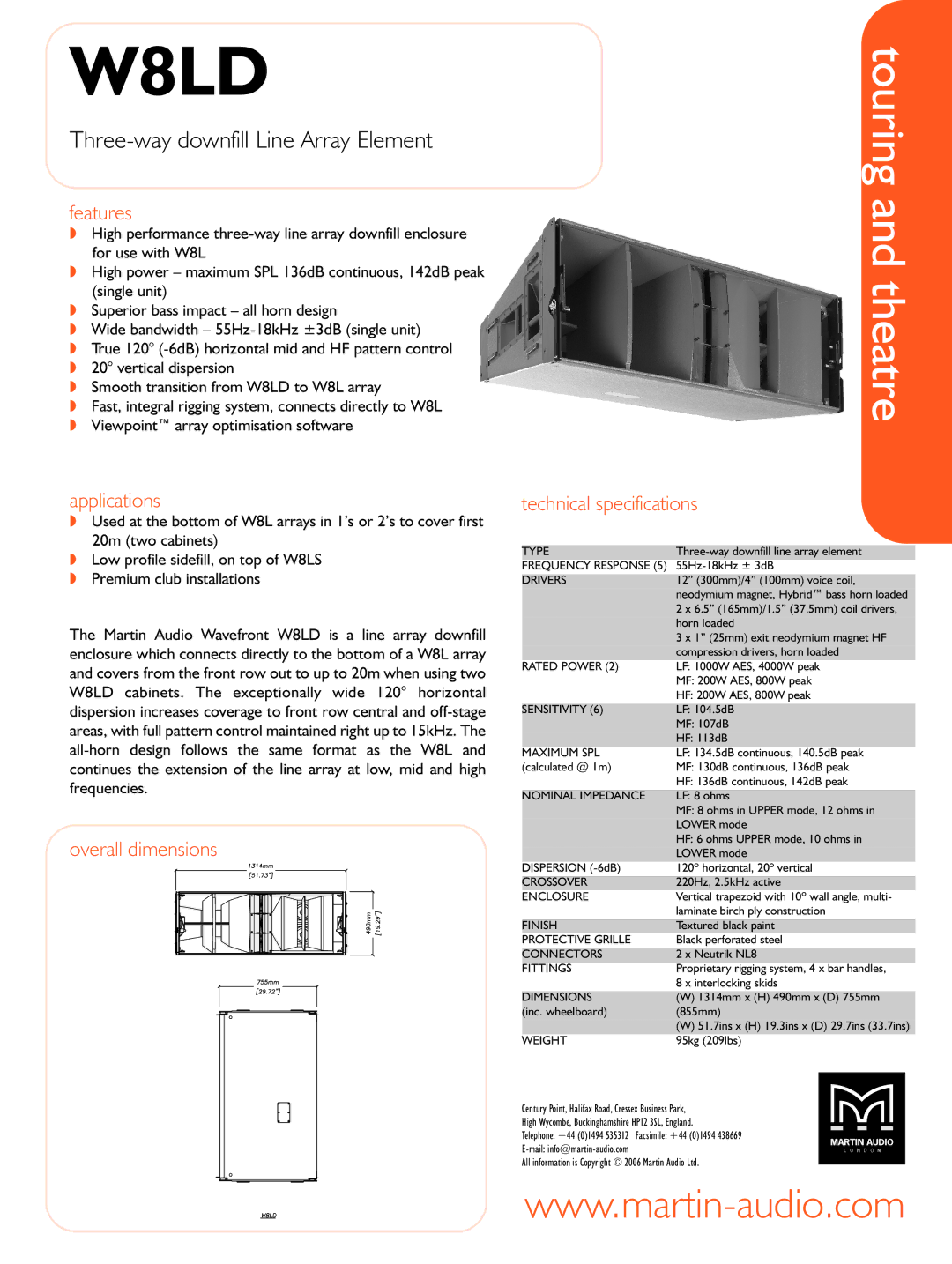 Martin Audio W8LD technical specifications Features, Applications, Overall dimensions, Technical specifications 