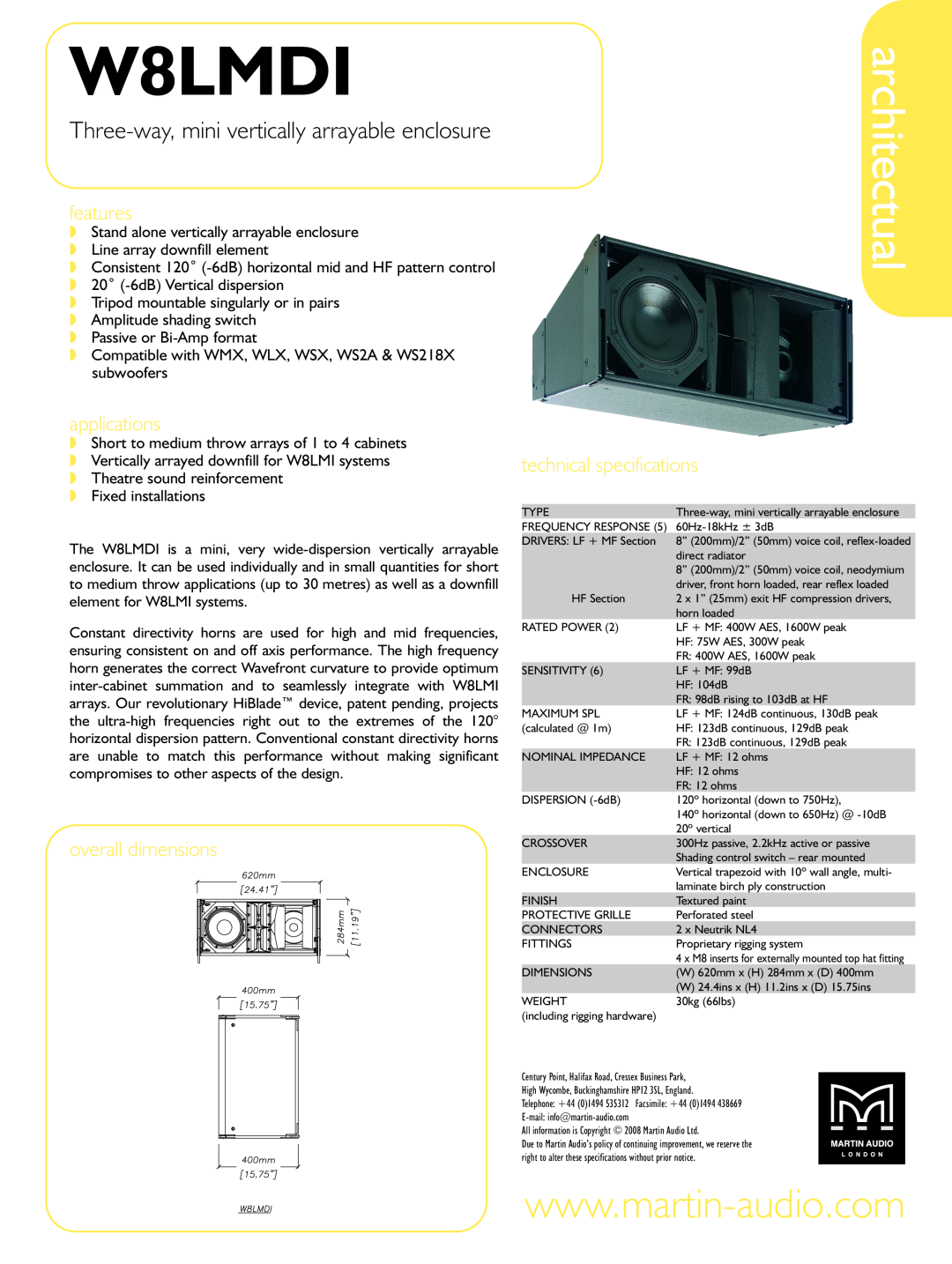 Martin Audio W8LMDI technical specifications architectual, Three-way,mini vertically arrayable enclosure, features 