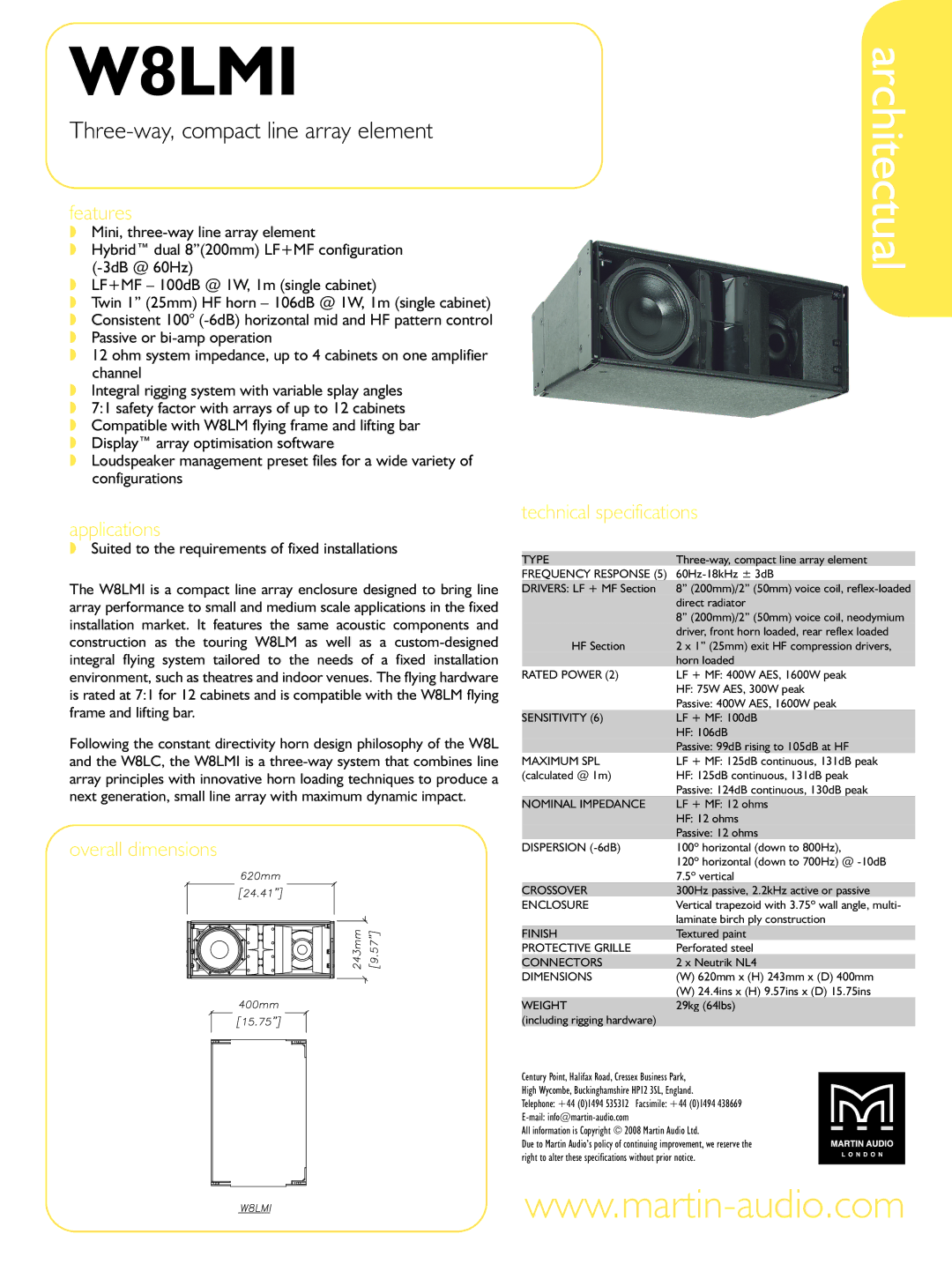 Martin Audio W8LMI technical specifications Features, Applications, Overall dimensions Technical specifications 