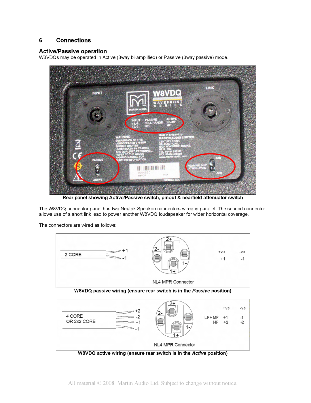 Martin Audio W8VDQ manual Connections Active/Passive operation 