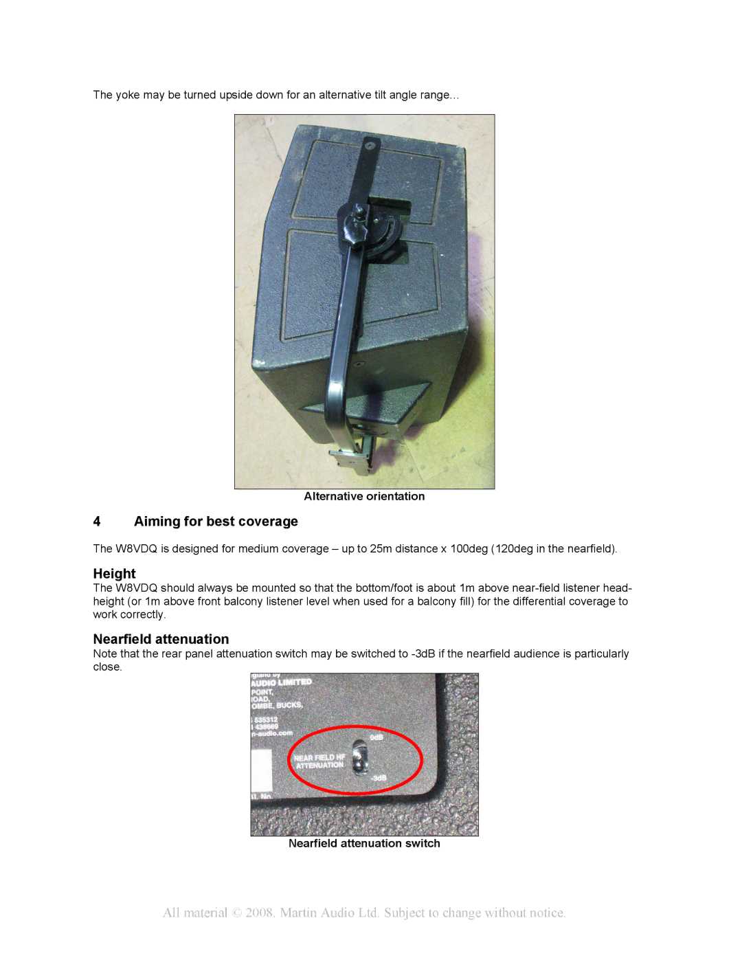 Martin Audio W8VDQ manual Aiming for best coverage, Height, Nearfield attenuation 