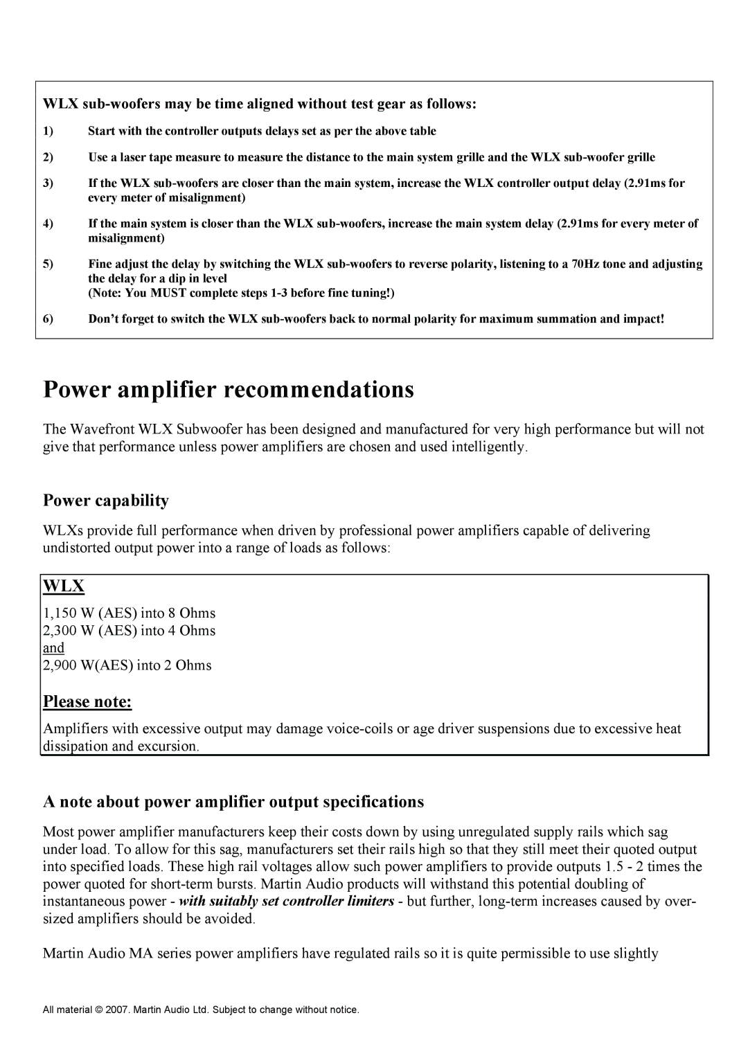 Martin Audio WLXGS manual Power amplifier recommendations, Power capability 