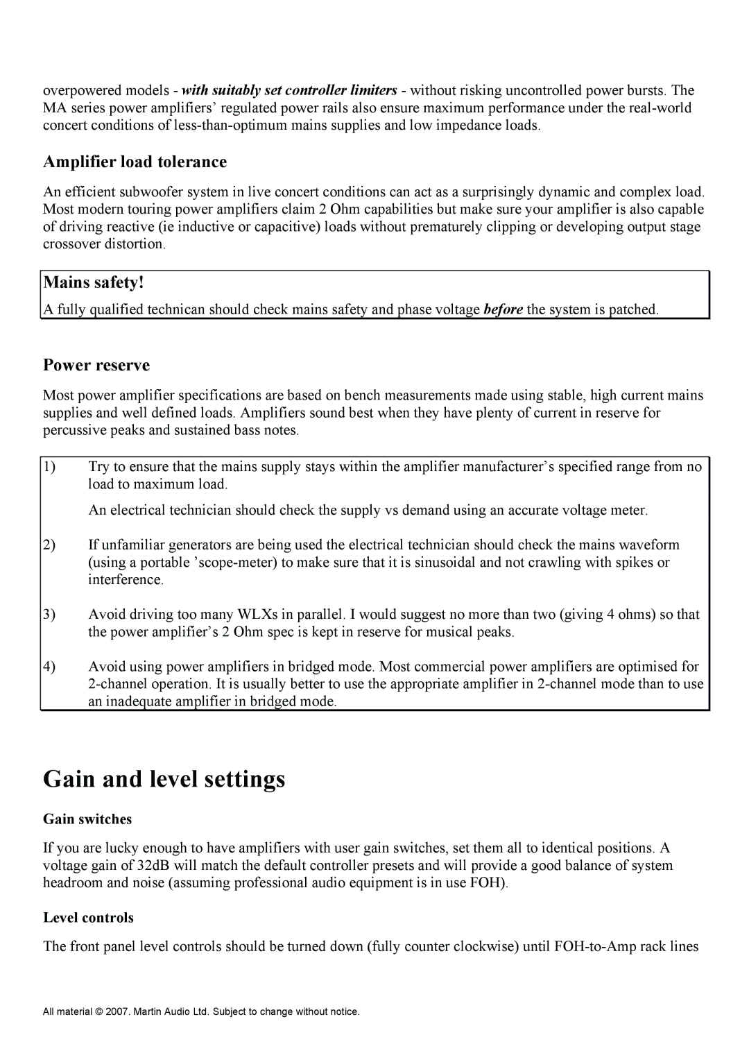 Martin Audio WLXGS manual Gain and level settings, Amplifier load tolerance, Mains safety, Power reserve 