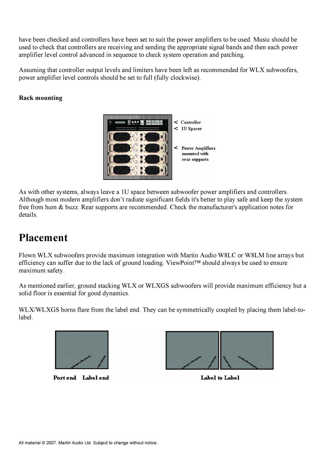 Martin Audio WLXGS manual Placement, Rack mounting 