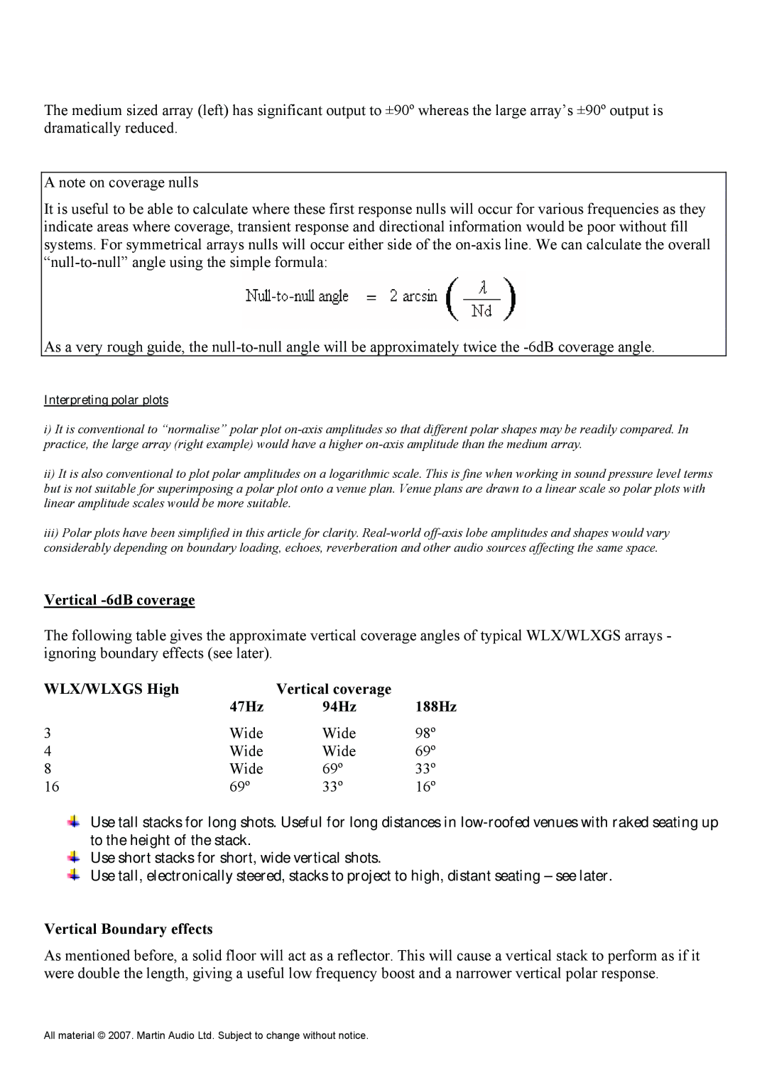 Martin Audio manual Vertical -6dB coverage, WLX/WLXGS High Vertical coverage 47Hz 94Hz 188Hz, Vertical Boundary effects 