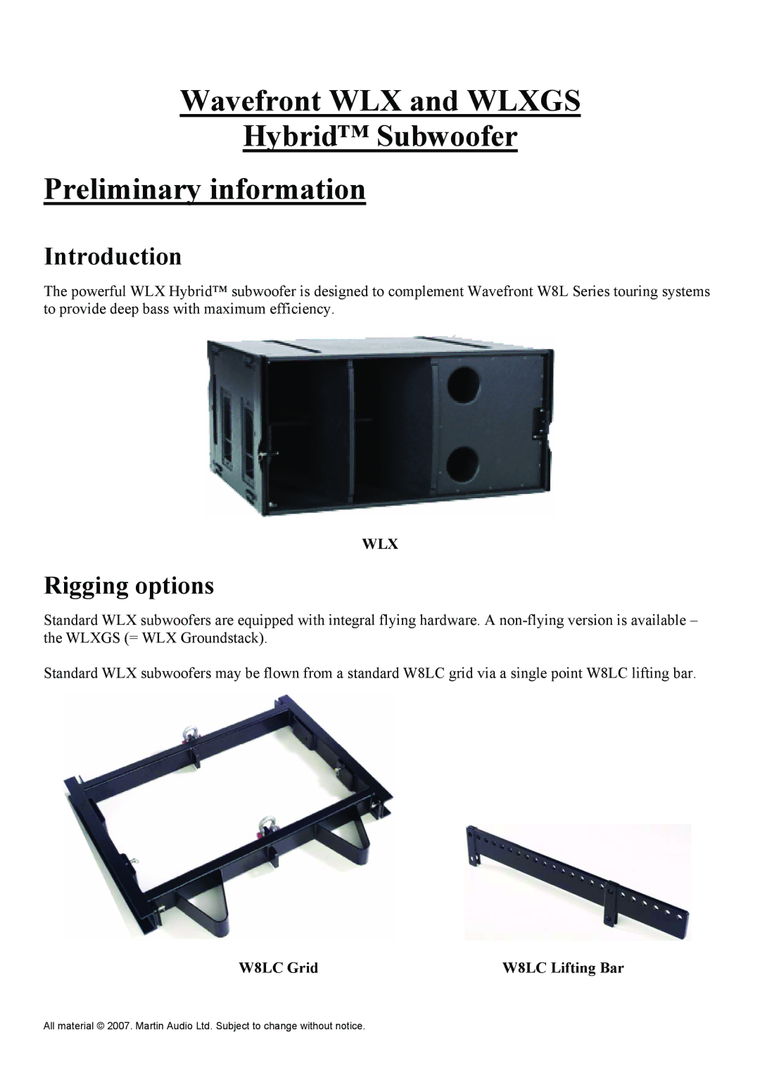 Martin Audio WLXGS manual Introduction, Rigging options, W8LC Grid W8LC Lifting Bar 