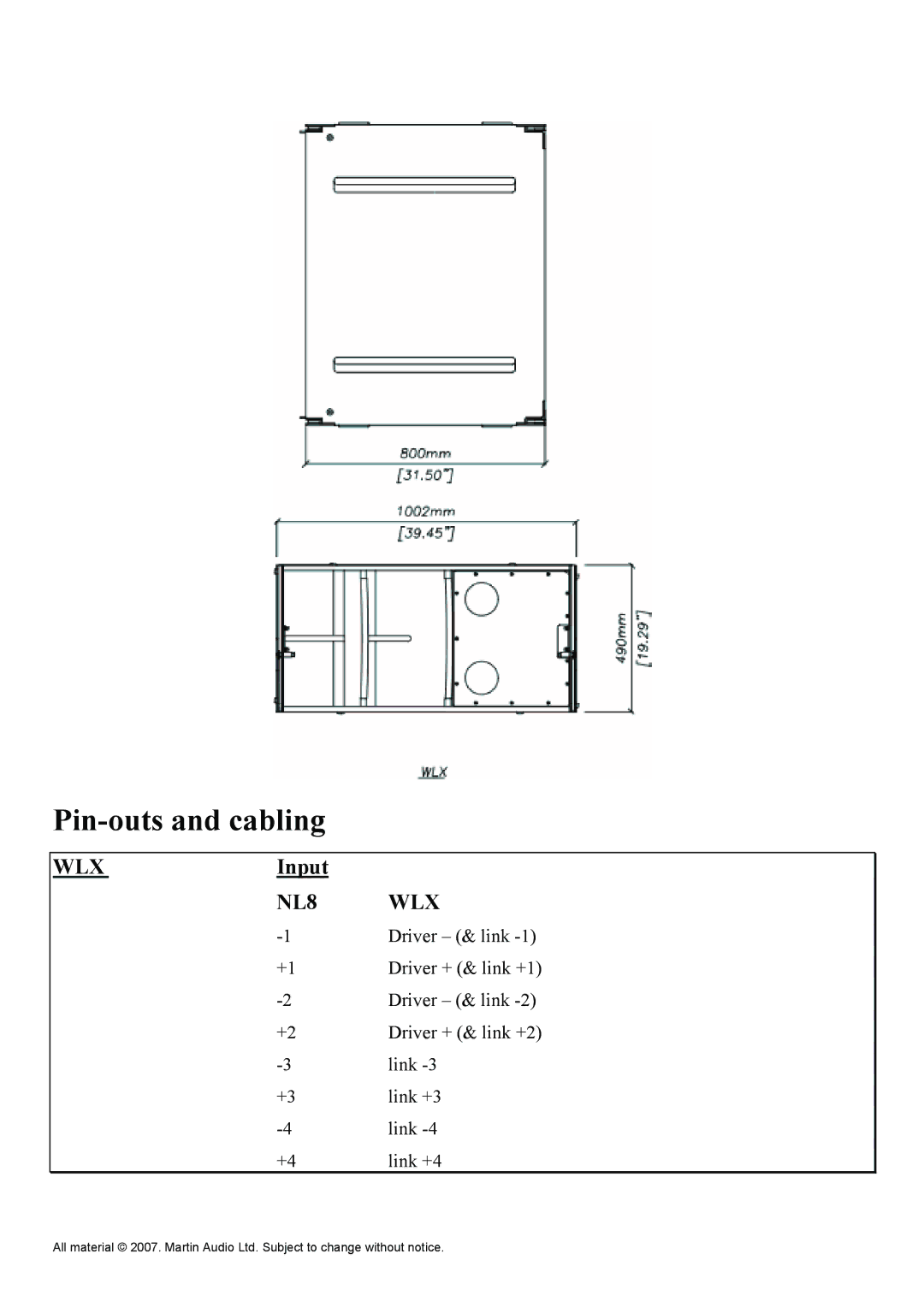 Martin Audio WLXGS manual Pin-outs and cabling, Input 