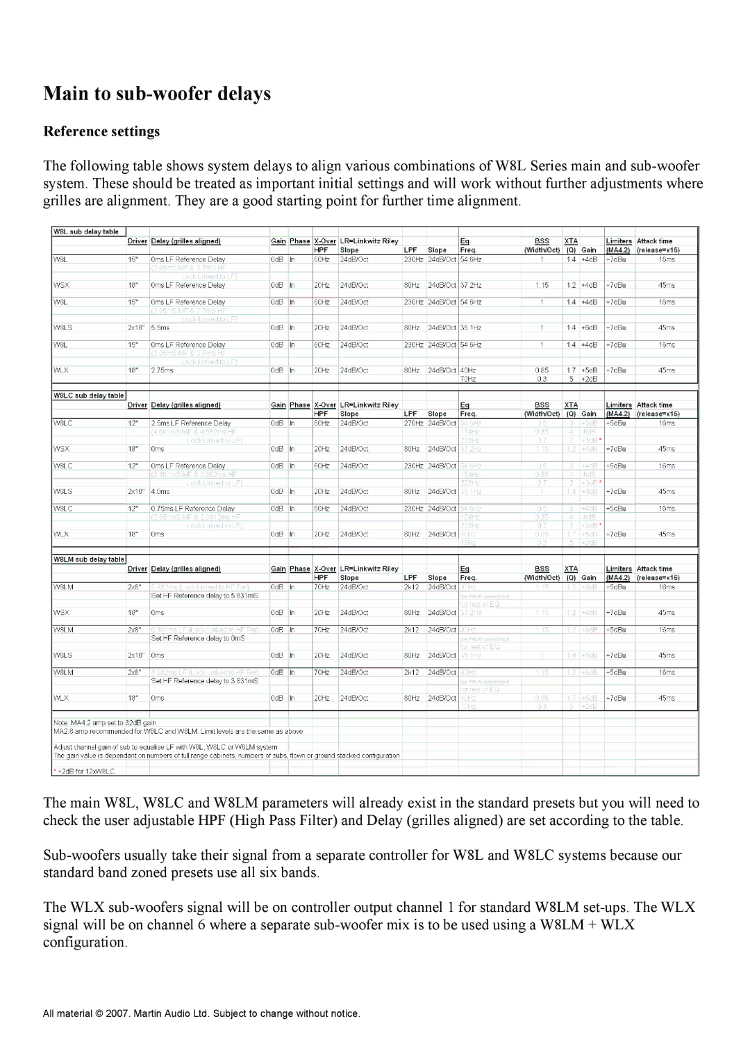 Martin Audio WLXGS manual Main to sub-woofer delays, Reference settings 