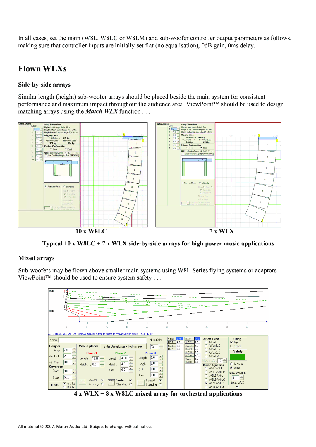 Martin Audio WLXGS manual Flown WLXs, Side-by-side arrays, WLX + 8 x W8LC mixed array for orchestral applications 