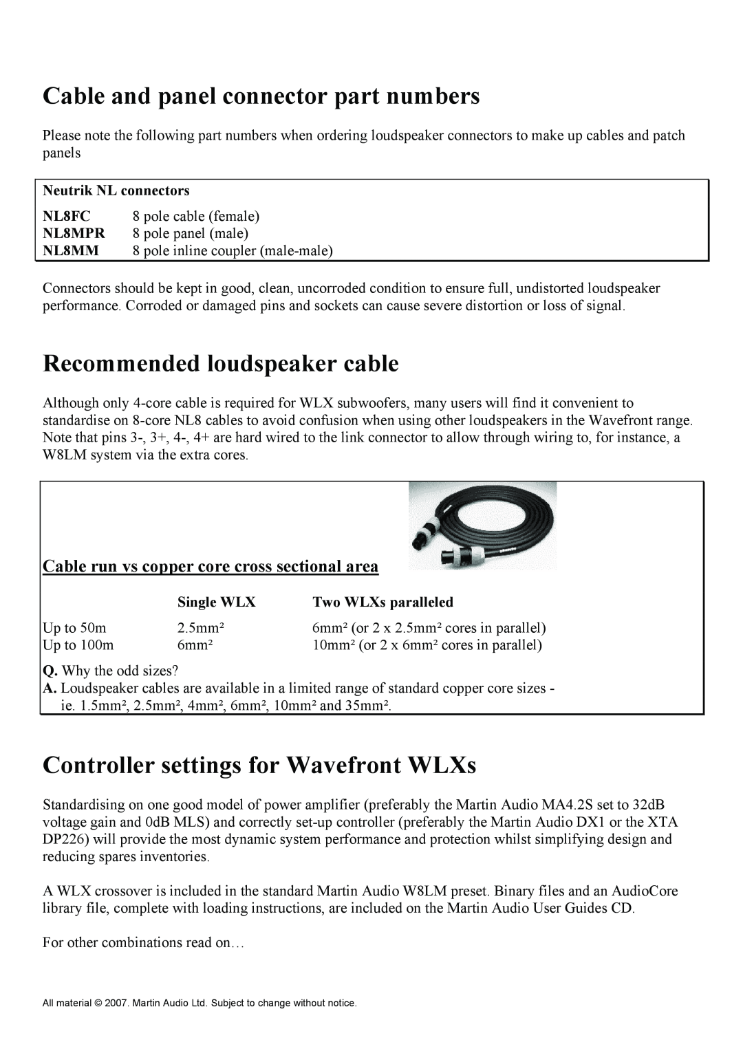 Martin Audio WLXGS manual Cable and panel connector part numbers, Recommended loudspeaker cable 