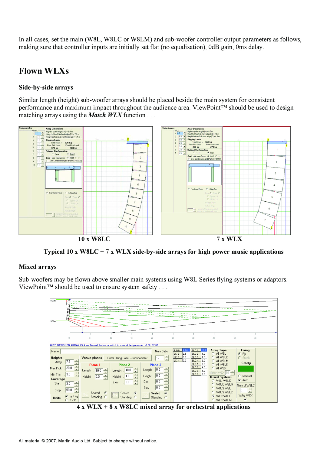 Martin Audio WLXGS manual Flown WLXs, Side-by-sidearrays, 10 x W8LC7 x WLX, Mixed arrays 