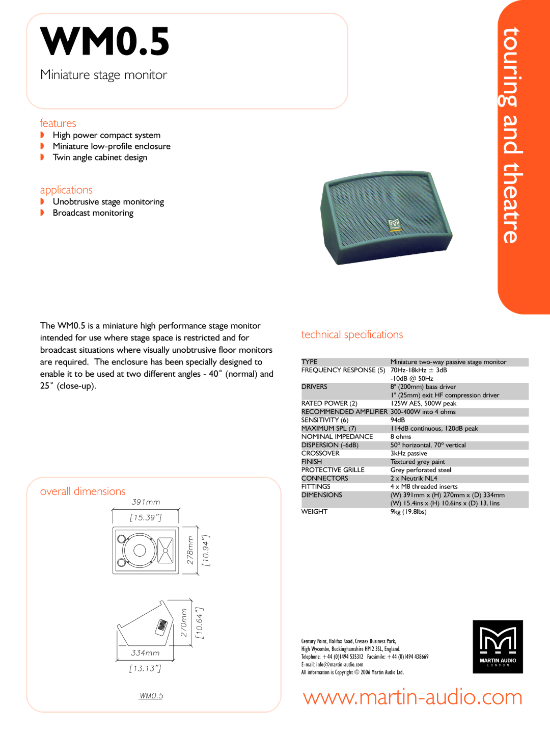 Martin Audio WM0.5 technical specifications Miniature stage monitor 