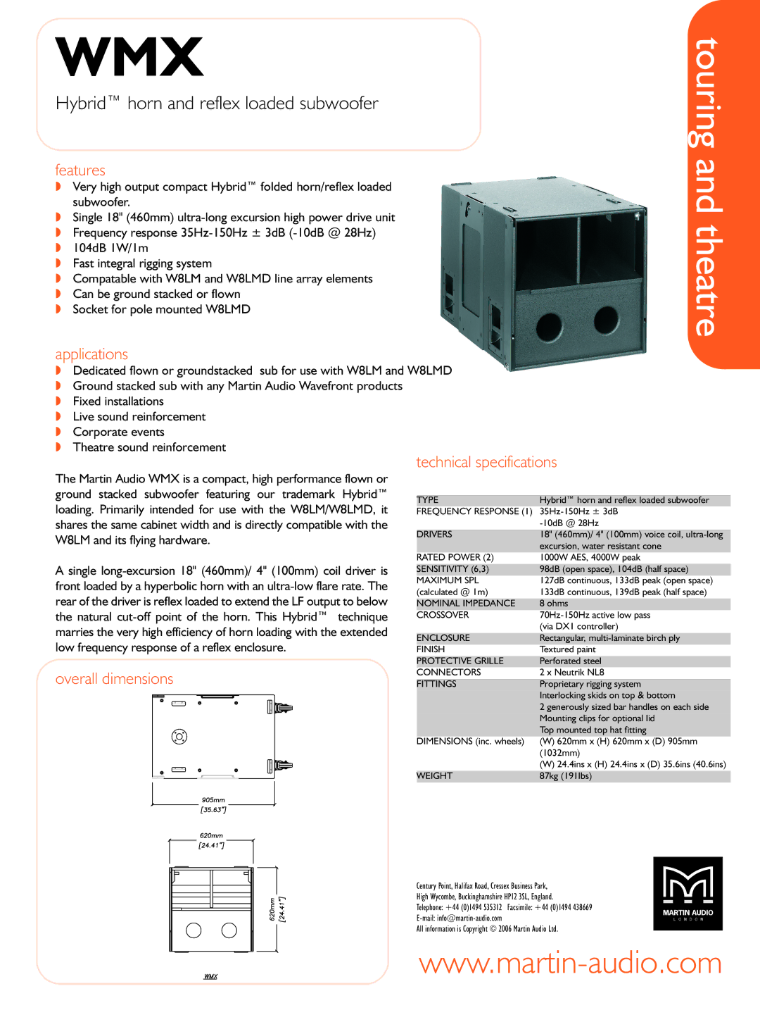 Martin Audio WMX technical specifications Features, Applications, Technical specifications, Overall dimensions 