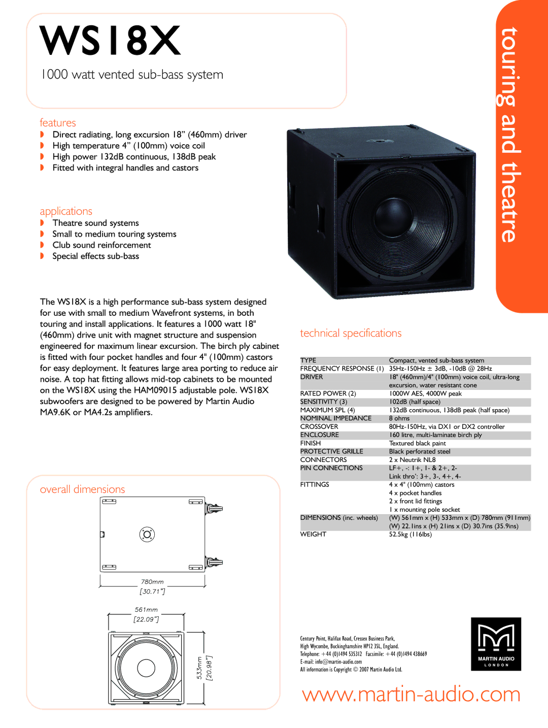 Martin Audio WS18X technical specifications Touring and theatre, Watt vented sub-bass system 