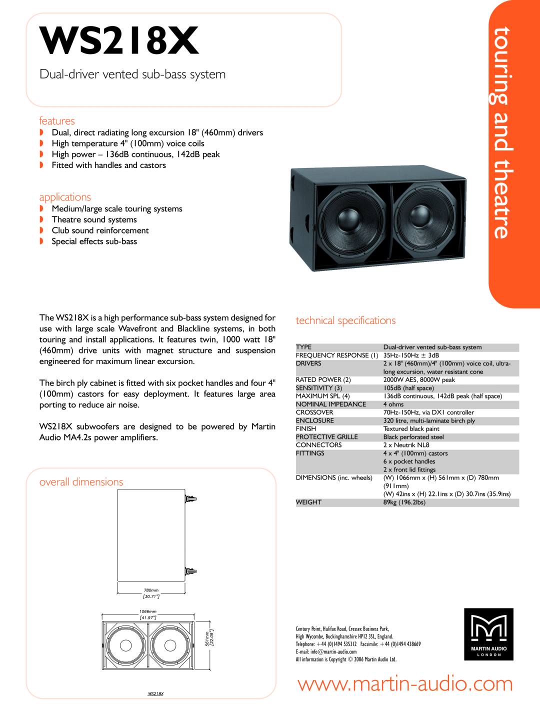 Martin Audio WS218X technical specifications Dual-drivervented sub-basssystem, features, applications, overall dimensions 
