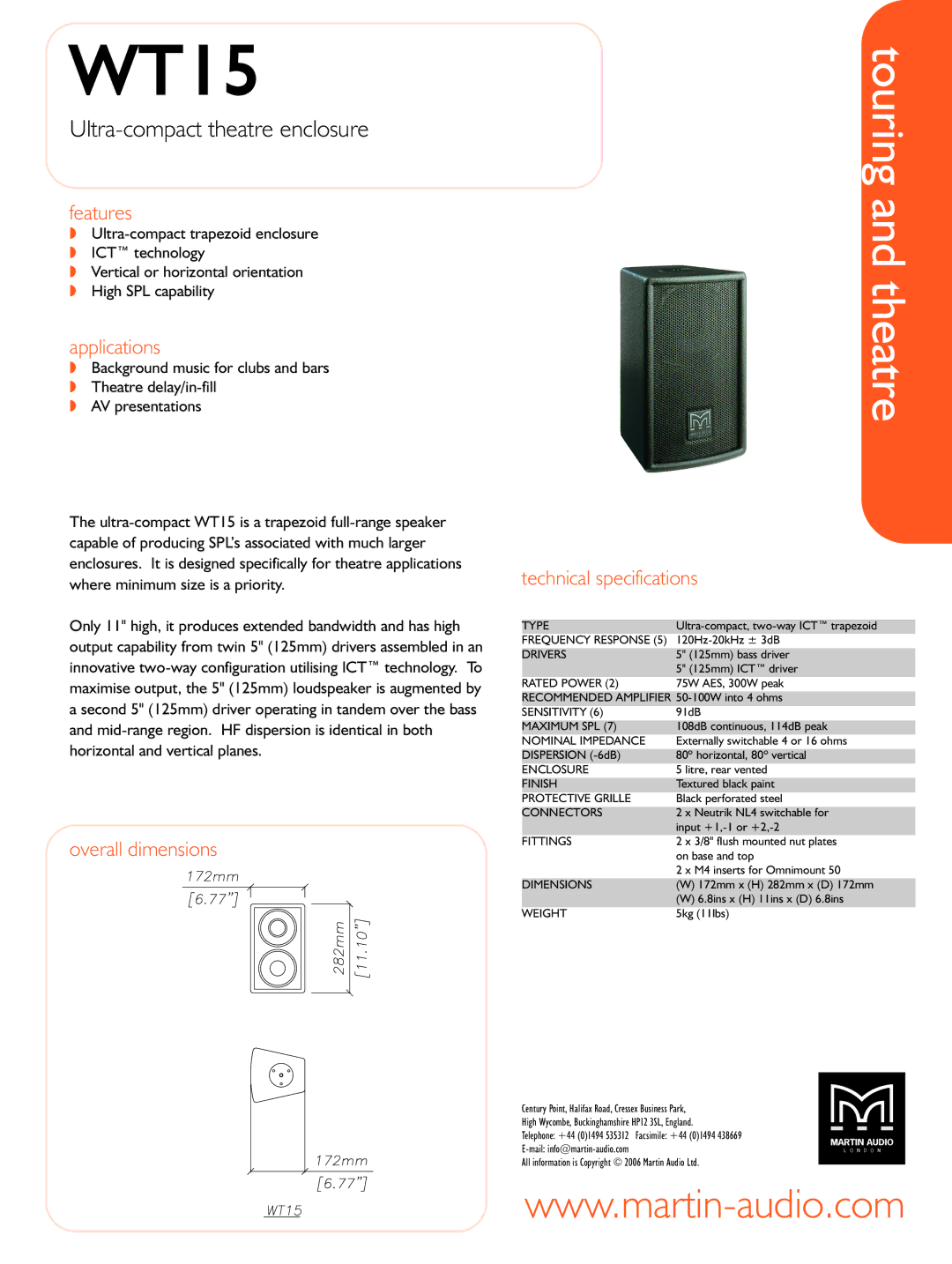 Martin Audio WT15 technical specifications Ultra-compact theatre enclosure 