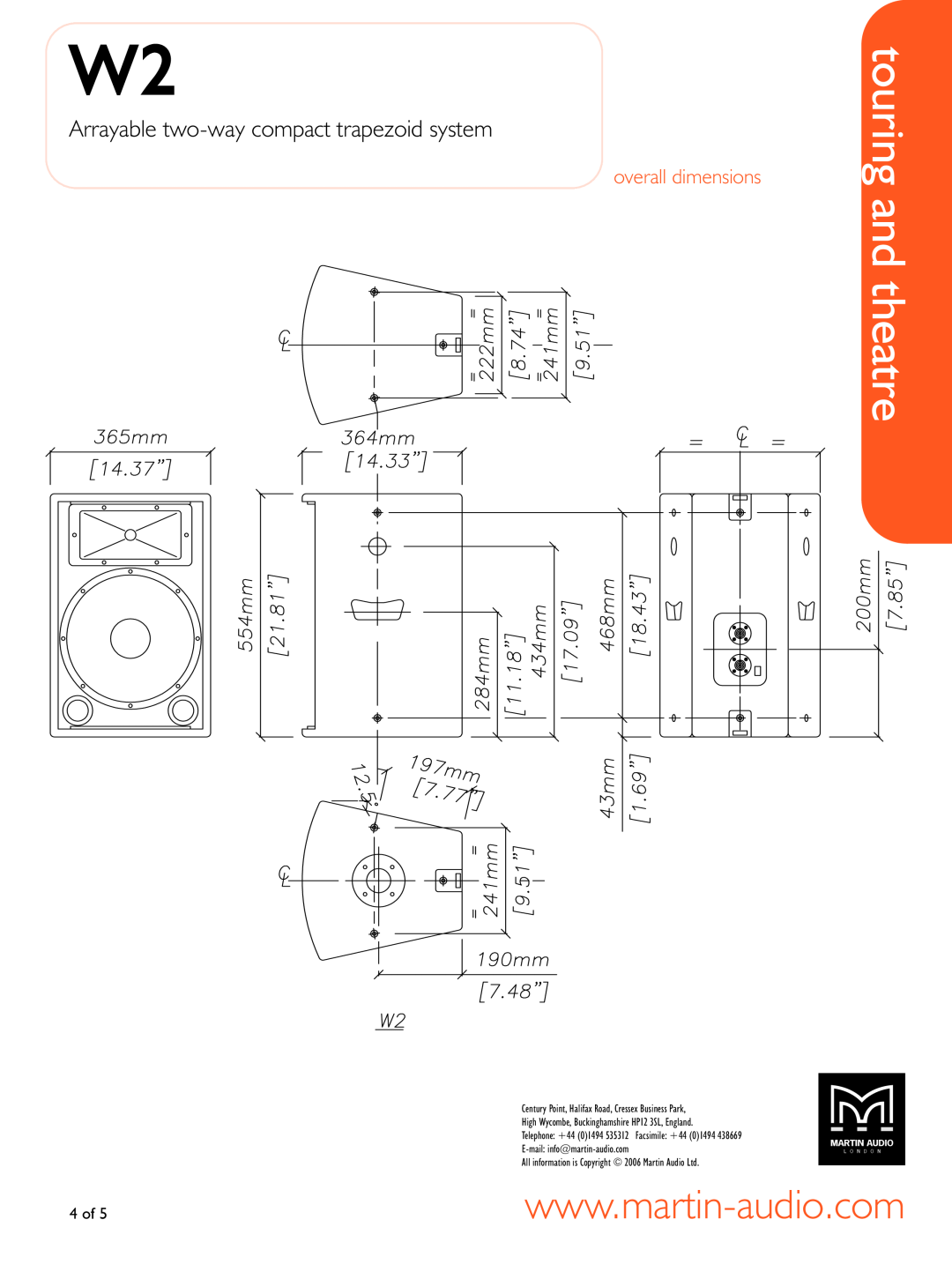 Martin Audio WW22 manual overall dimensions, touring and theatre, Arrayable two-waycompact trapezoid system 
