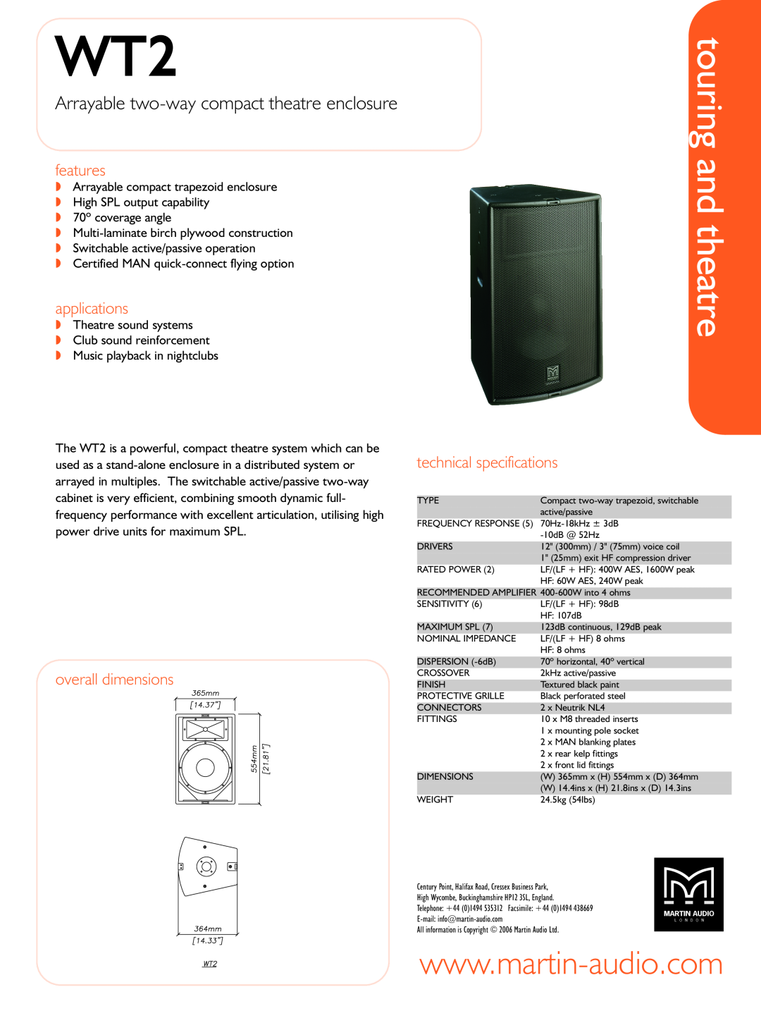 Martin Audio WWTT22 technical specifications Arrayable two-waycompact theatre enclosure, features, applications 