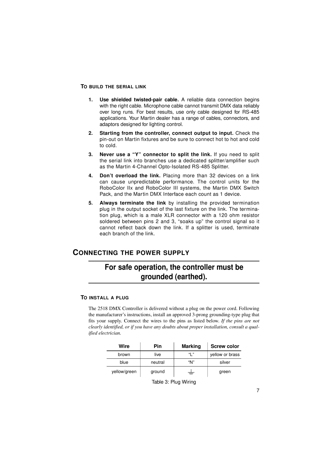 Martin Fireplaces 2518 user manual Connecting the Power Supply, Wire Pin Marking Screw color 