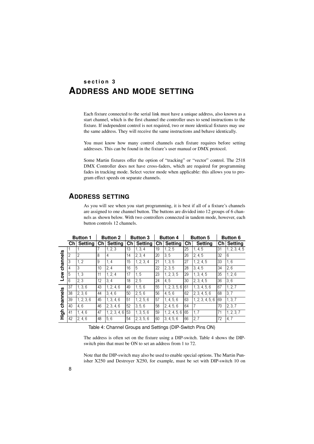 Martin Fireplaces 2518 user manual Address and Mode Setting, Address Setting, High channels Low channels Button Setting 