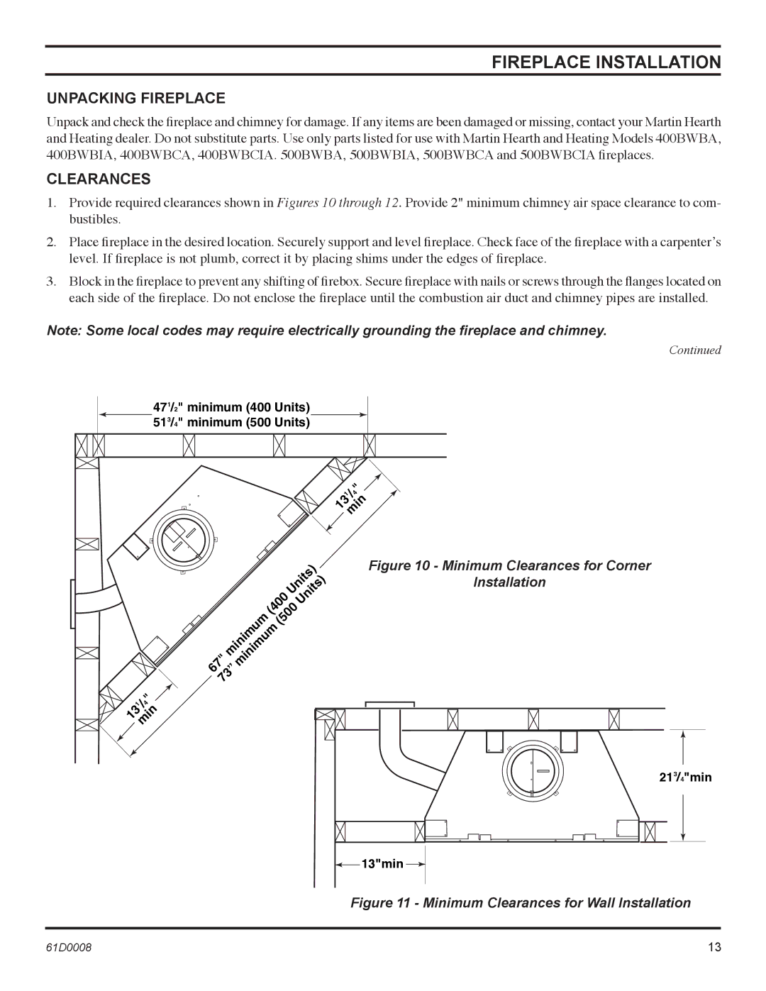 Martin Fireplaces 400BWBCIA, 400BWBIA, 400BWBA, 400BWBCA Fireplace Installation, Unpacking Fireplace, Clearances 