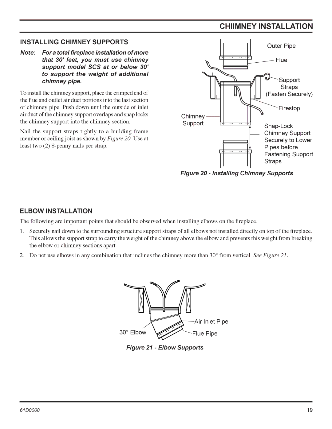 Martin Fireplaces 400BWBCA, 400BWBIA, 400BWBCIA, 400BWBA Installing Chimney Supports, Elbow Installation 