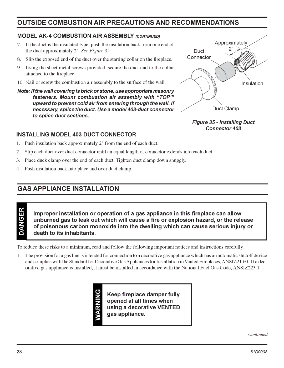 Martin Fireplaces 400BWBIA, 400BWBCIA, 400BWBA, 400BWBCA GAS Appliance Installation, Installing Model 403 Duct Connector 