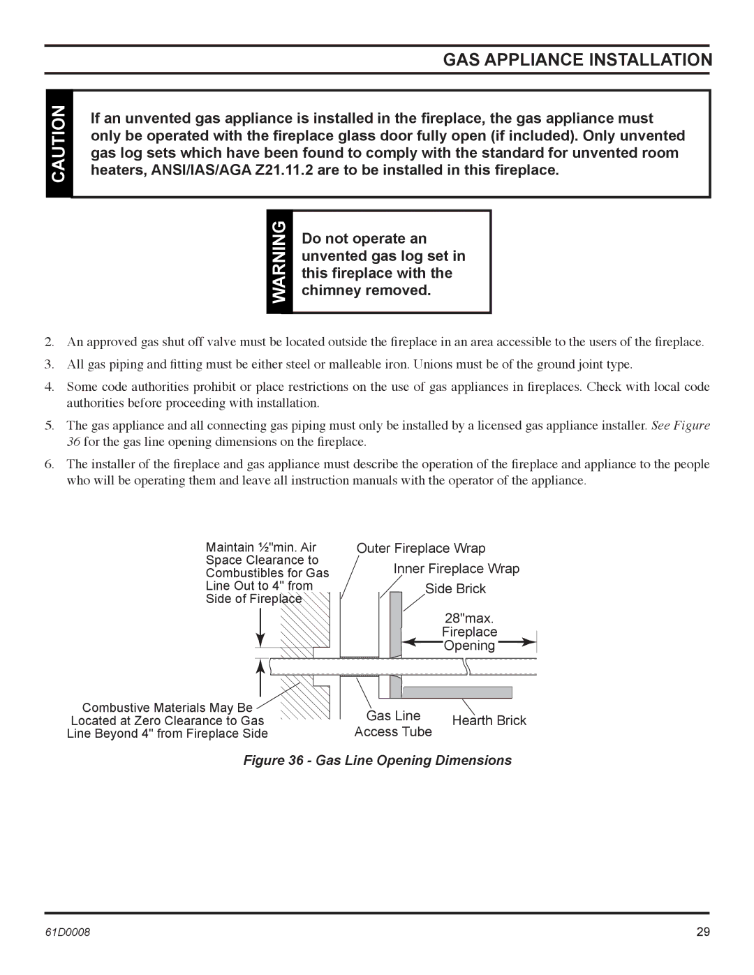 Martin Fireplaces 400BWBCIA, 400BWBIA, 400BWBA, 400BWBCA operating instructions Gas Line Opening Dimensions 