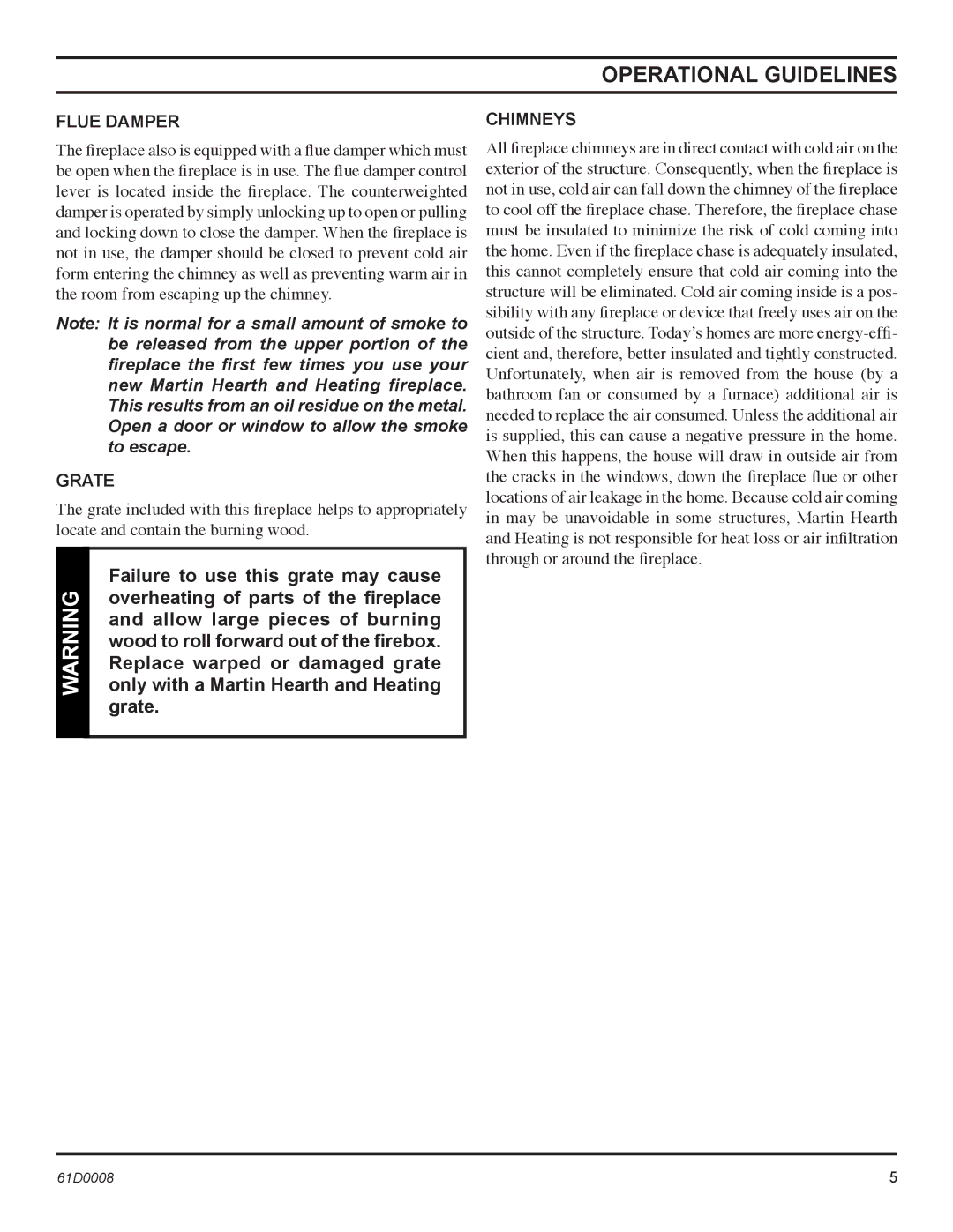 Martin Fireplaces 400BWBCIA, 400BWBIA, 400BWBA, 400BWBCA operating instructions Operational Guidelines, Flue Damper 