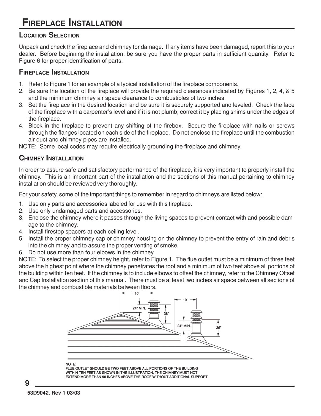 Martin Fireplaces 53D9042 manual Fireplace Installation 