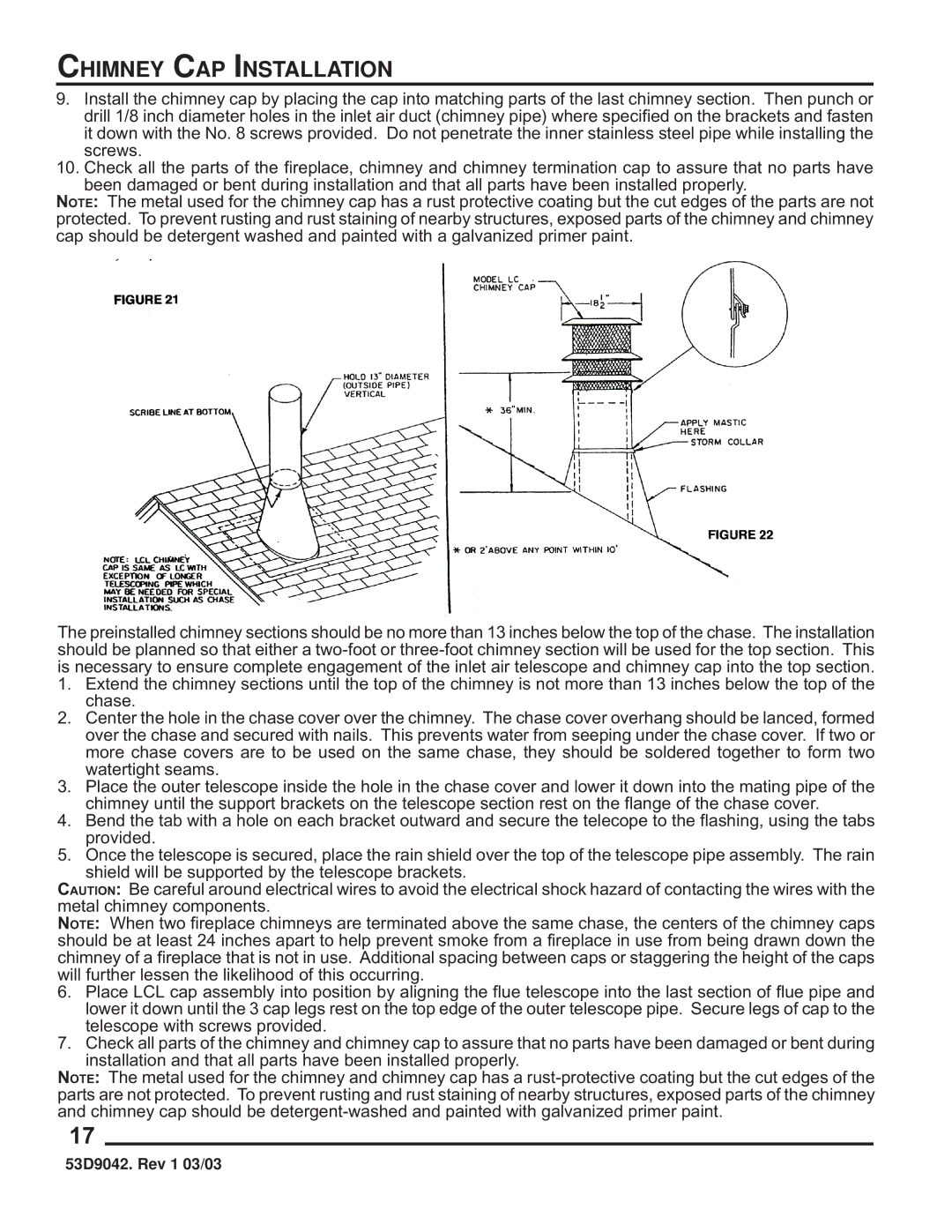 Martin Fireplaces 53D9042 manual Chimney CAP Installation 