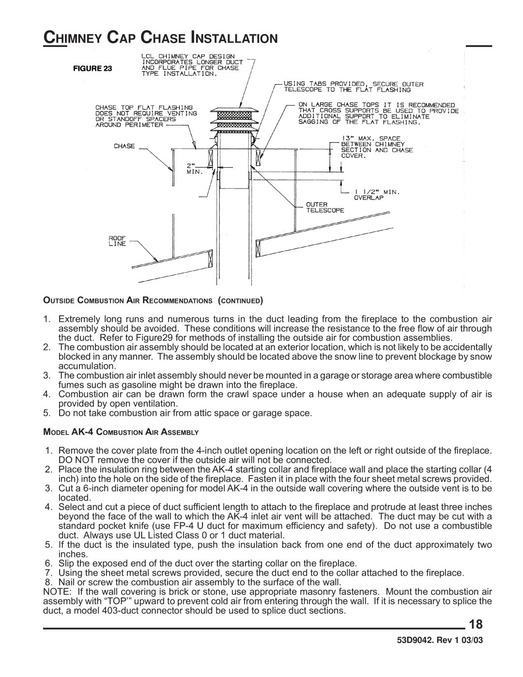 Martin Fireplaces 53D9042 manual Chimney CAP Chase Installation 