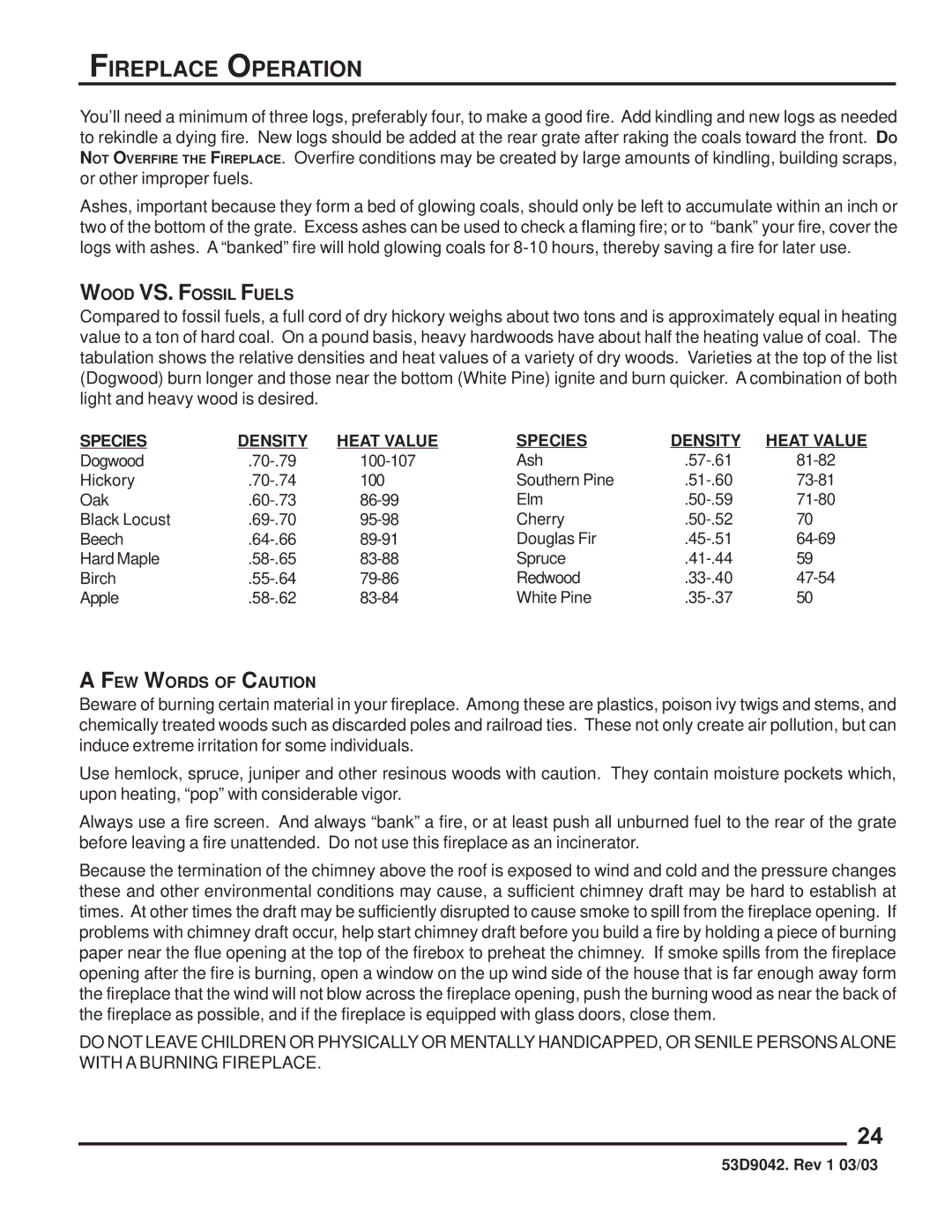 Martin Fireplaces 53D9042 manual Species Density Heat Value 