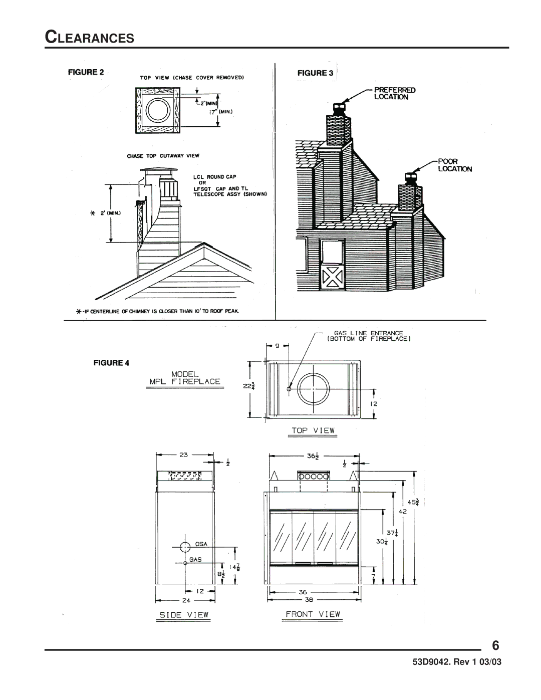 Martin Fireplaces 53D9042 manual Clearances 