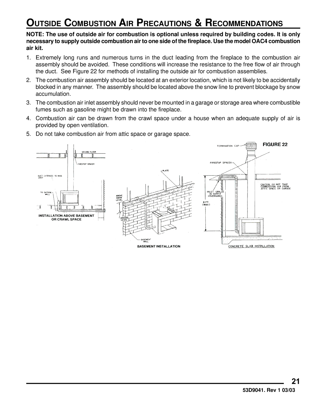 Martin Fireplaces B36LA, B36RA manual Outside Combustion AIR Precautions & Recommendations 