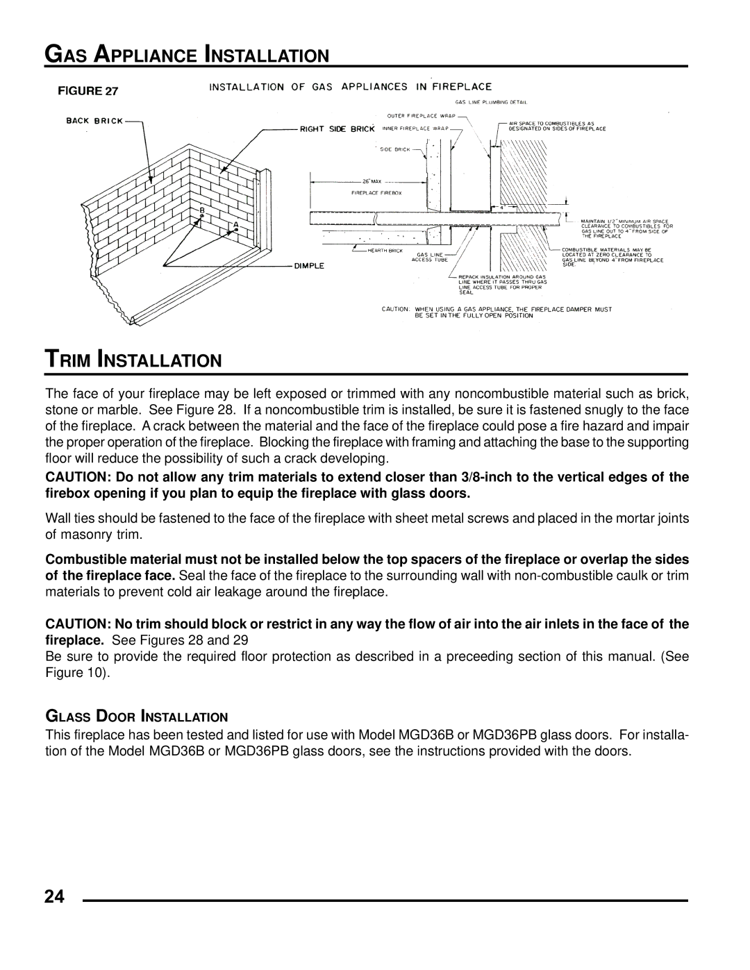 Martin Fireplaces B36RA, B36LA manual GAS Appliance Installation Trim Installation 