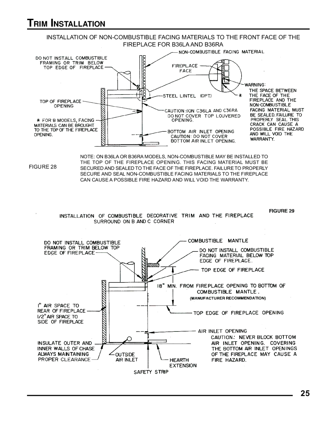 Martin Fireplaces B36LA, B36RA manual TOP of the Fireplace OPENING. this Facing Material Must be 