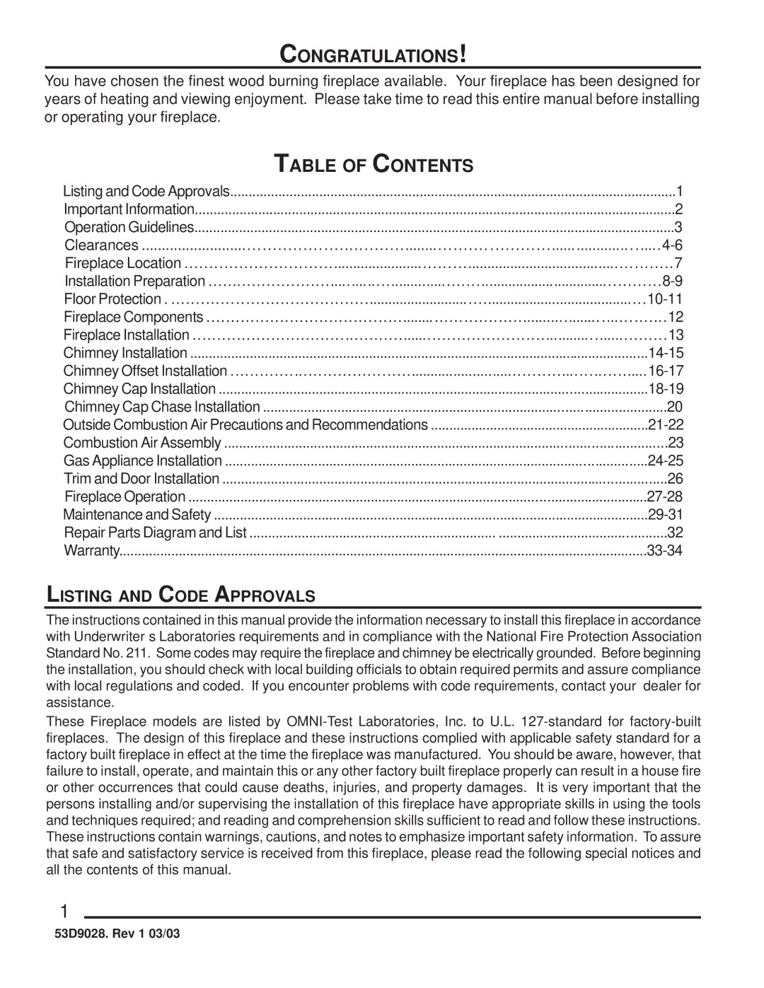 Martin Fireplaces SB5400SS manual Congratulations, Table of Contents 