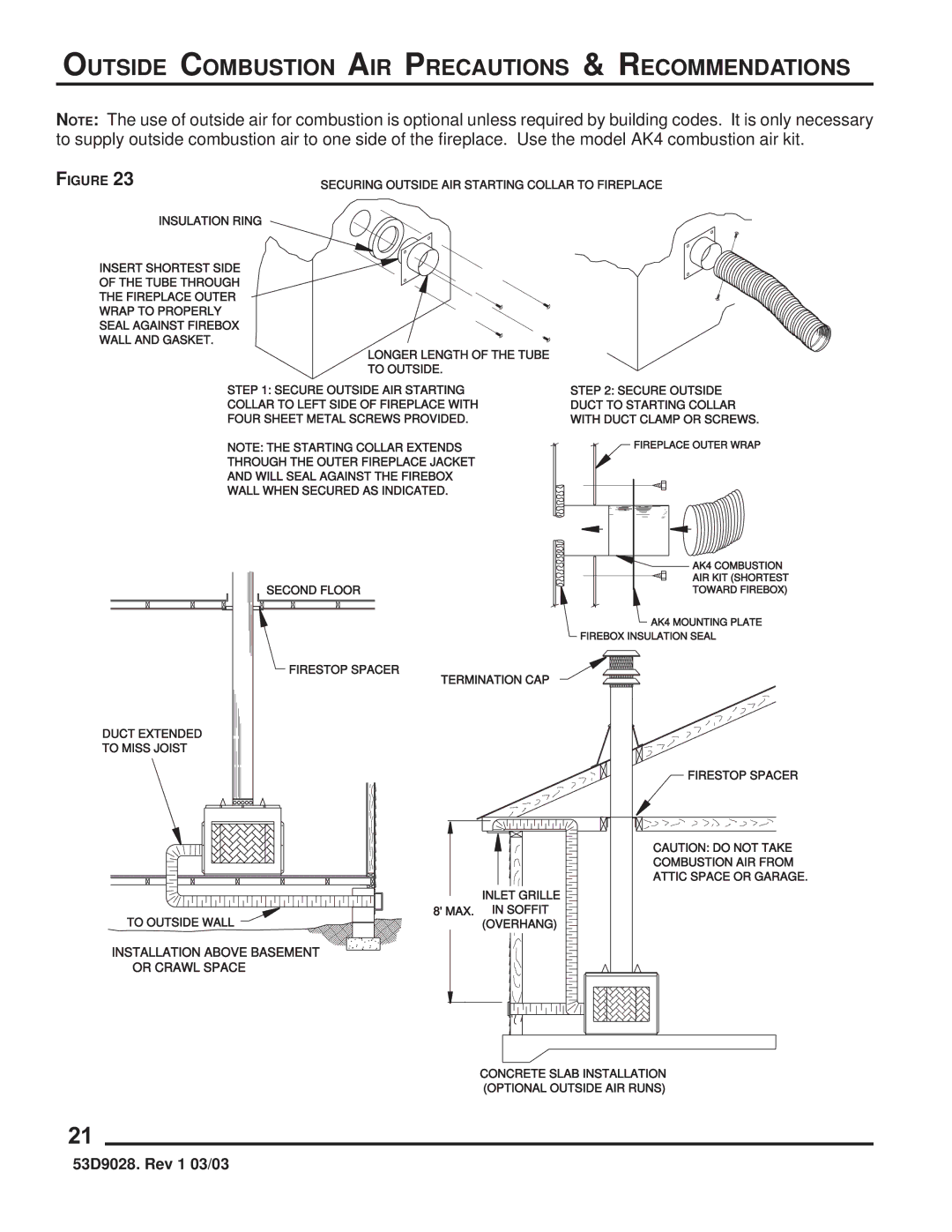 Martin Fireplaces SB5400SS manual Outside Combustion AIR Precautions & Recommendations 