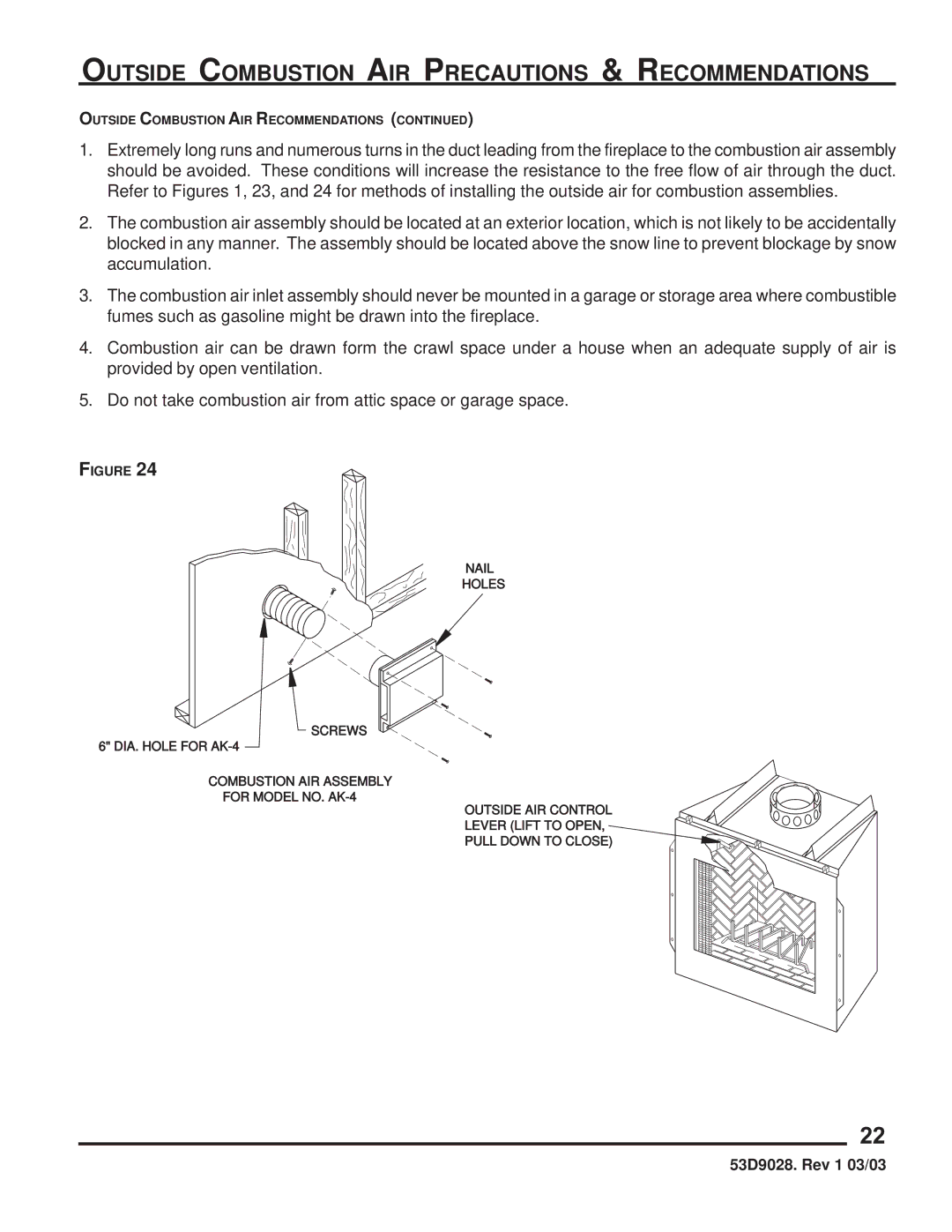 Martin Fireplaces SB5400SS manual Outside Combustion AIR Recommendations 