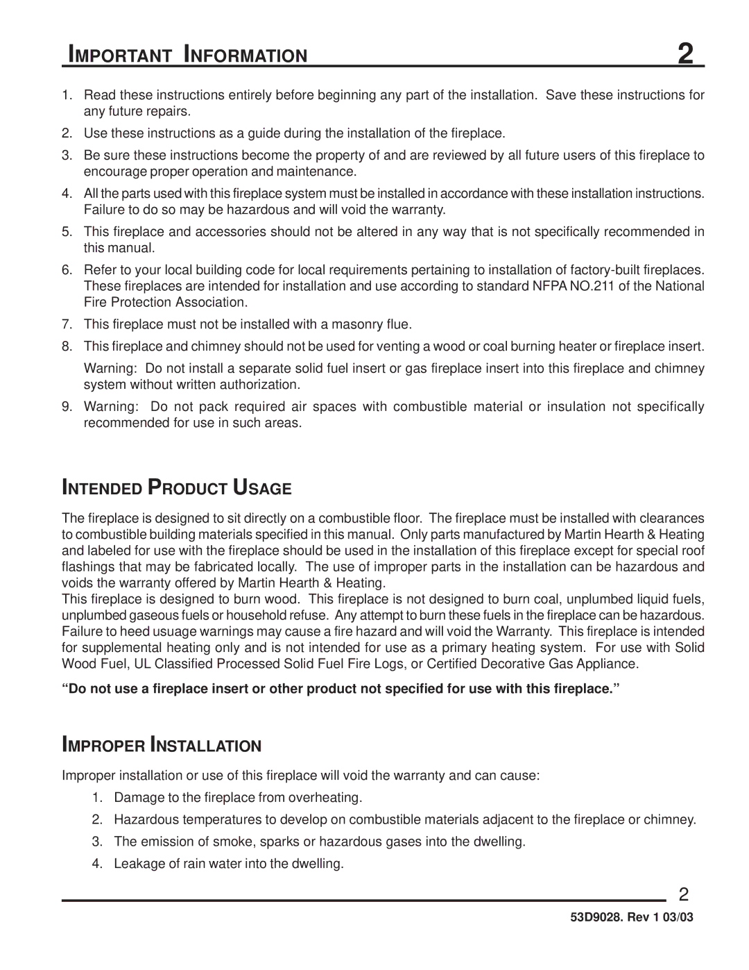 Martin Fireplaces SB5400SS manual Important Information, Intended Product Usage 