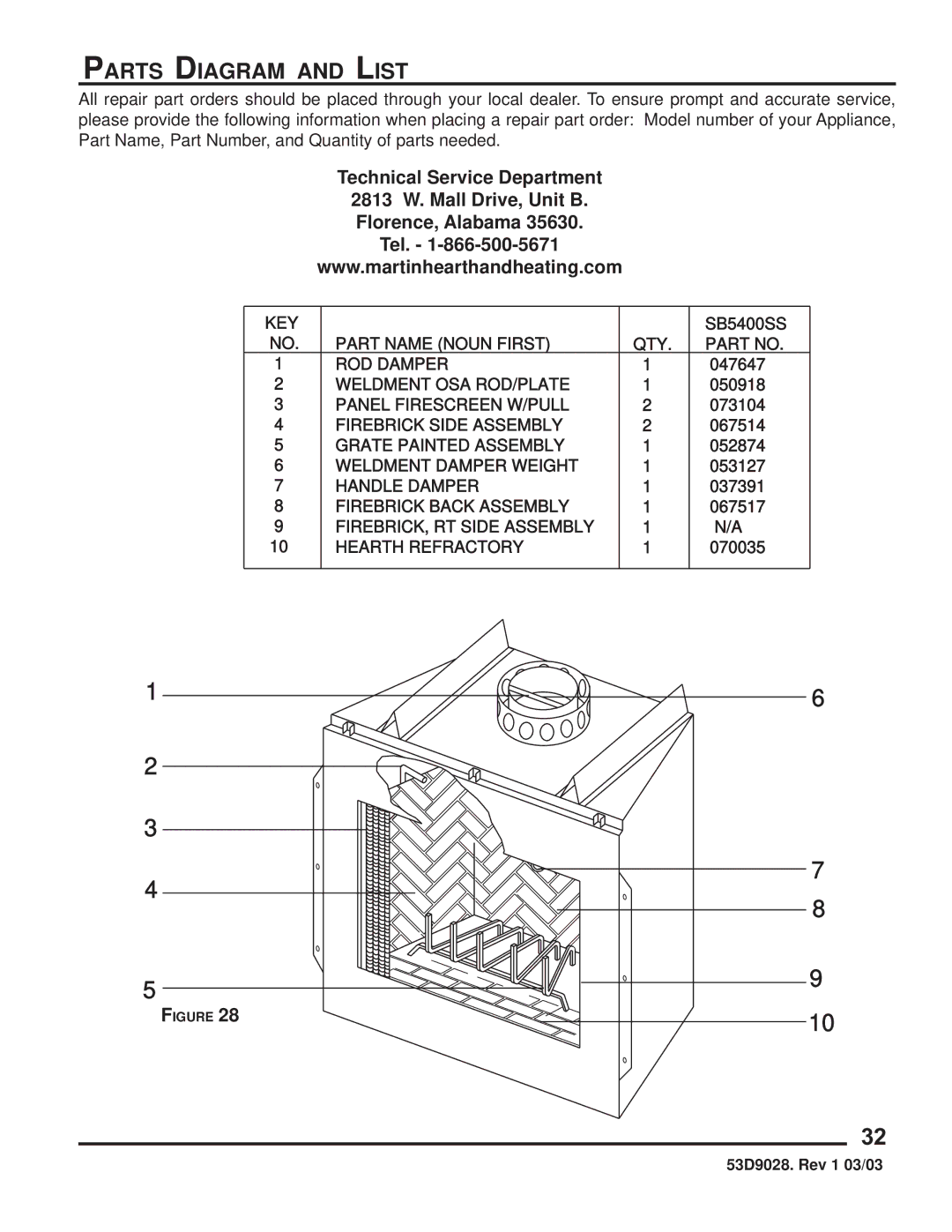 Martin Fireplaces SB5400SS manual Parts Diagram and List 