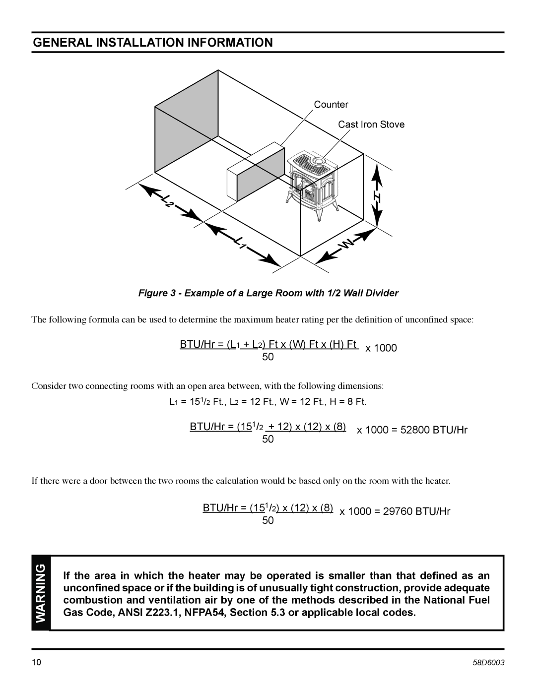 Martin Fireplaces VFCS20SNV, VFCS20SPV manual Counter Cast Iron Stove, L1 = 151/2 Ft., L2 = 12 Ft., W = 12 Ft., H = 8 Ft 