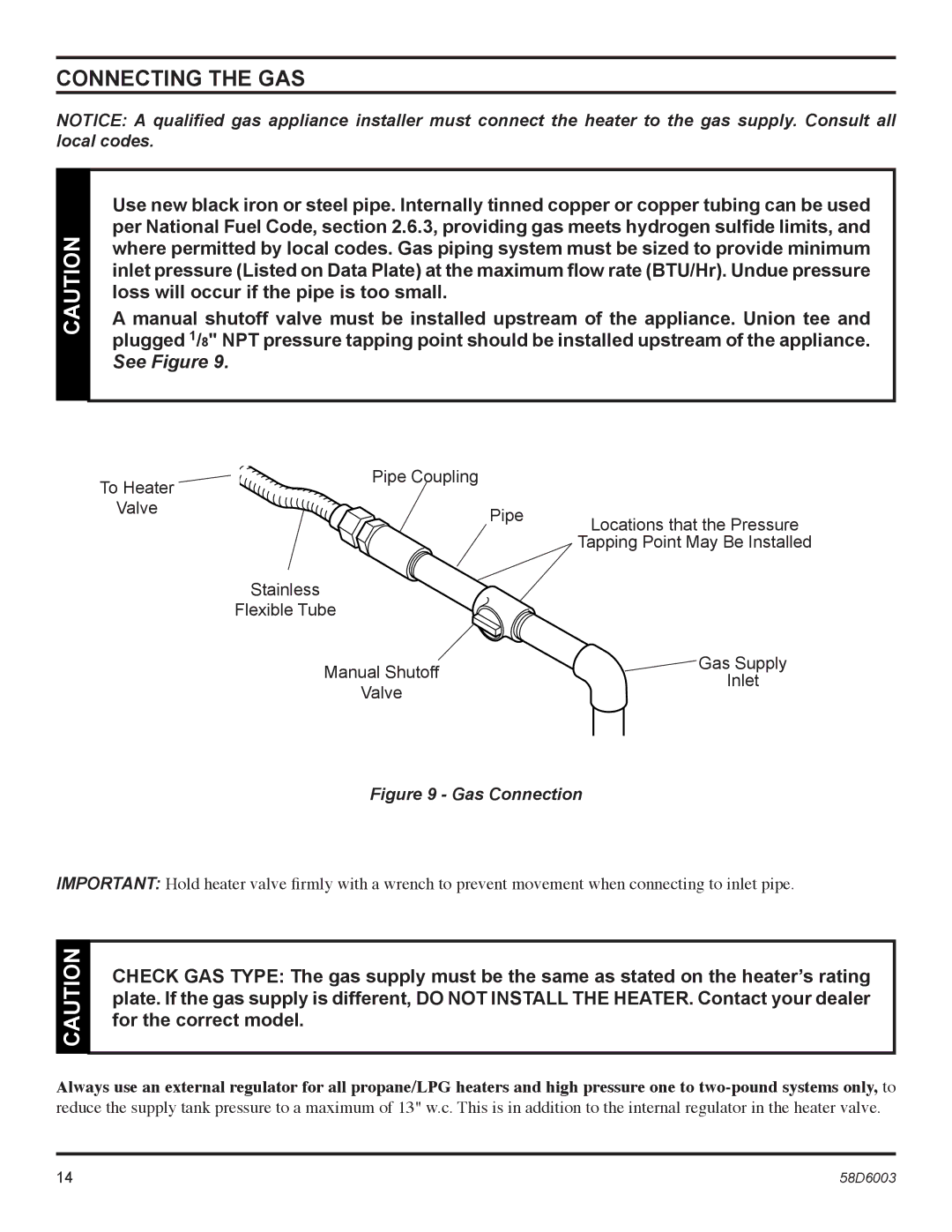 Martin Fireplaces VFCS20SNV, VFCS20SPV, VFCS30SPV Connecting the GAS, Flexible Tube Manual Shutoff Gas Supply Inlet Valve 