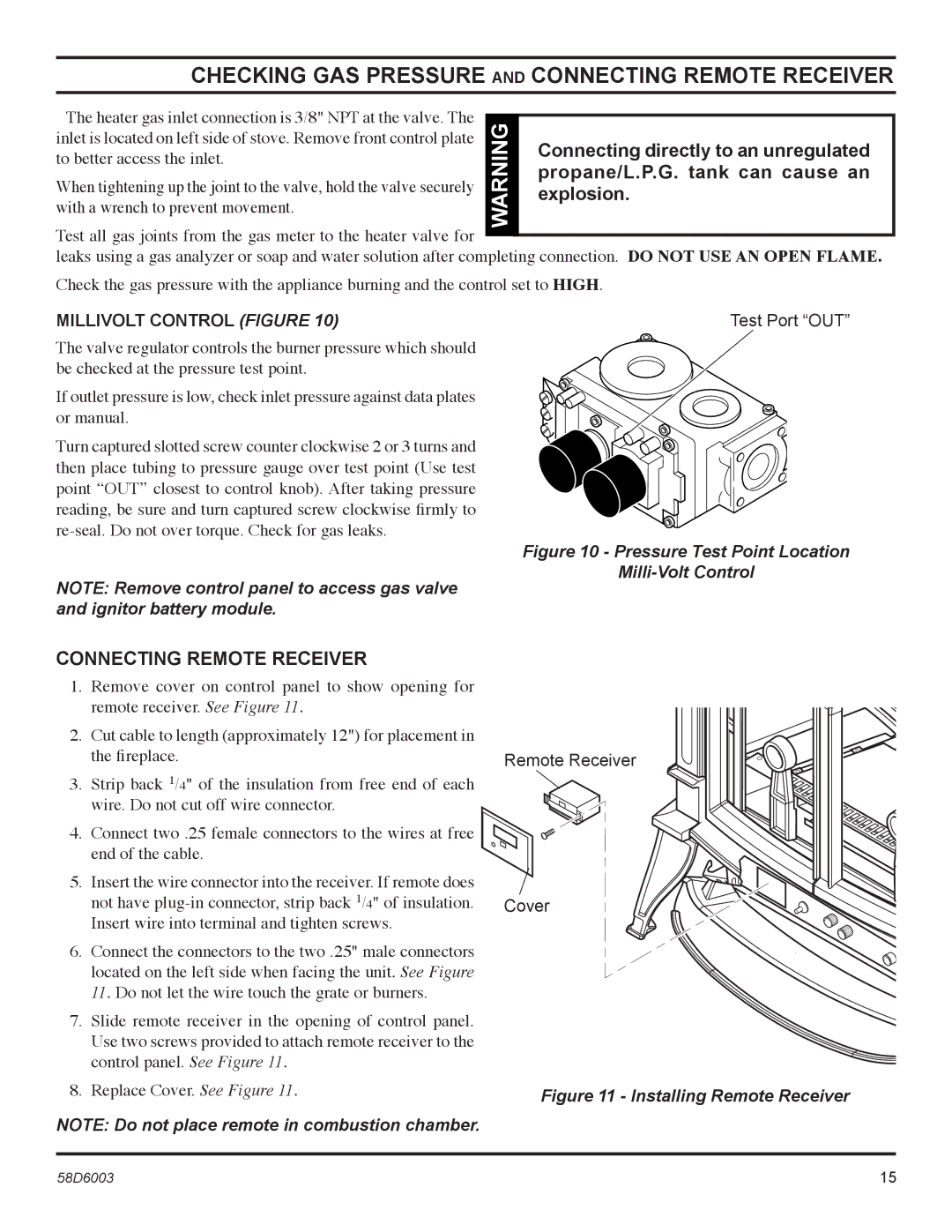 Martin Fireplaces VFCS30SNV, VFCS20SPV manual Checking GAS Pressure and Connecting Remote Receiver, Millivolt Control Figure 