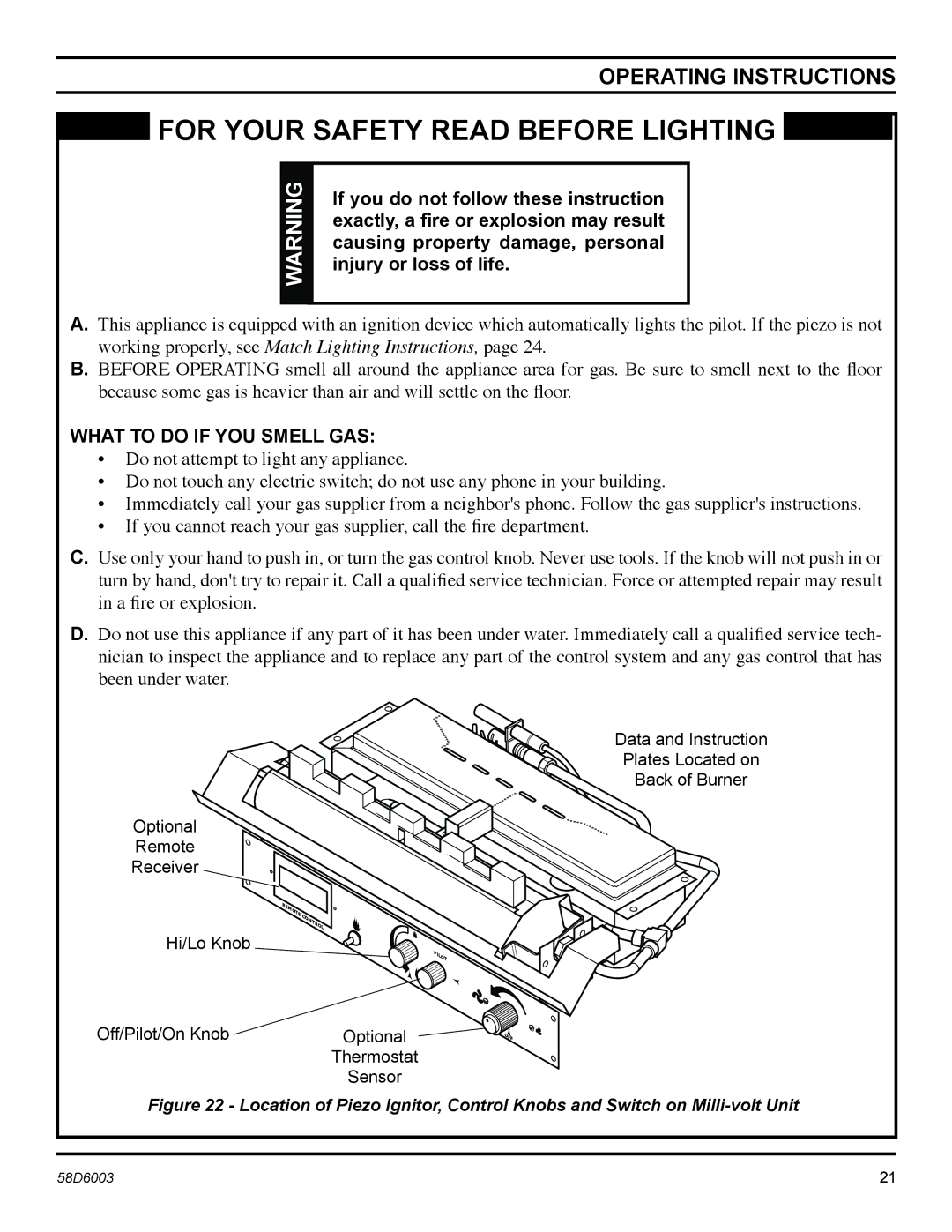 Martin Fireplaces VFCS30SPV, VFCS20SPV, VFCS20SNV manual Operating Instructions, Off/Pilot/On Knob Optional Thermostat Sensor 