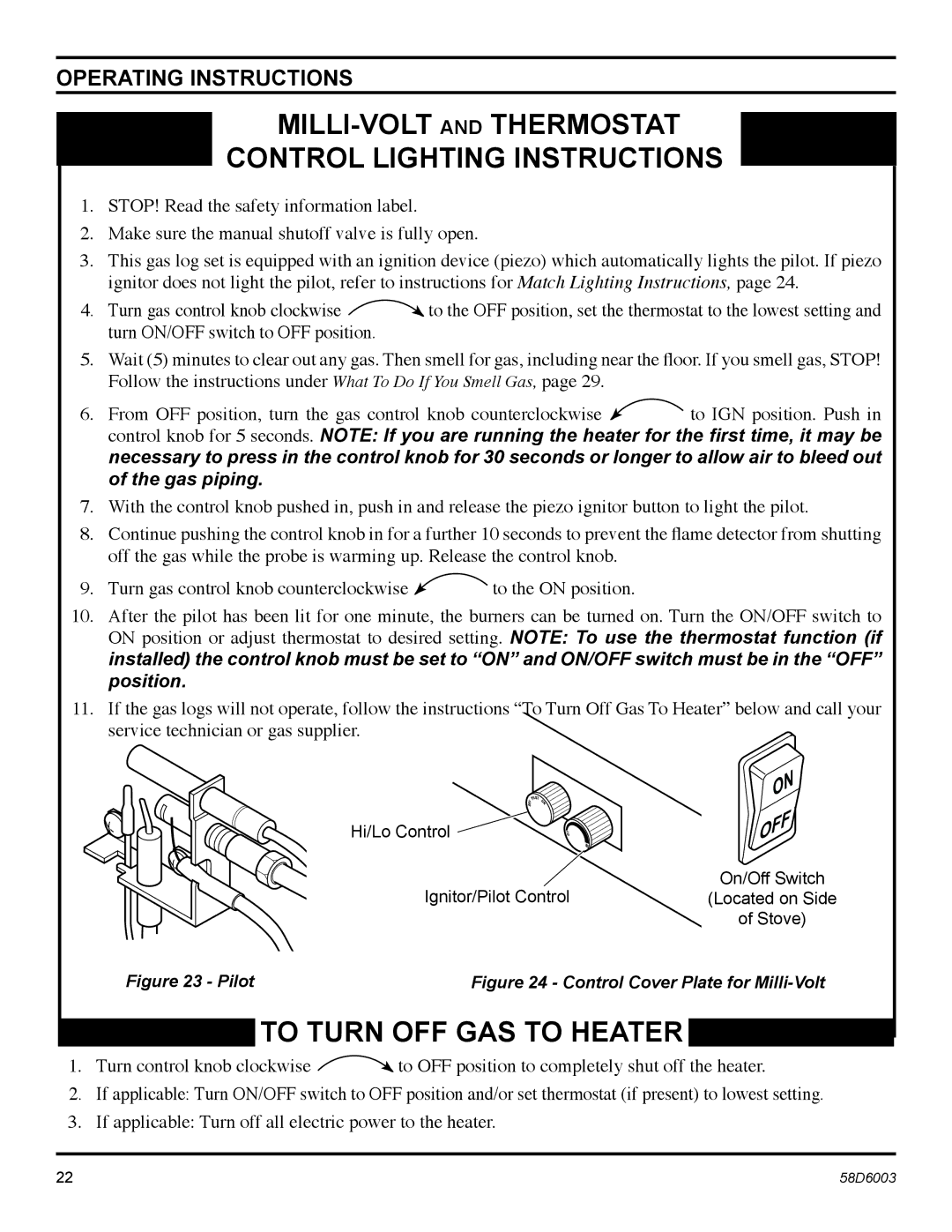 Martin Fireplaces VFCS20SNV, VFCS20SPV, VFCS30SPV, VFCS30SNV manual MILLI-VOLT and Thermostat Control Lighting Instructions 